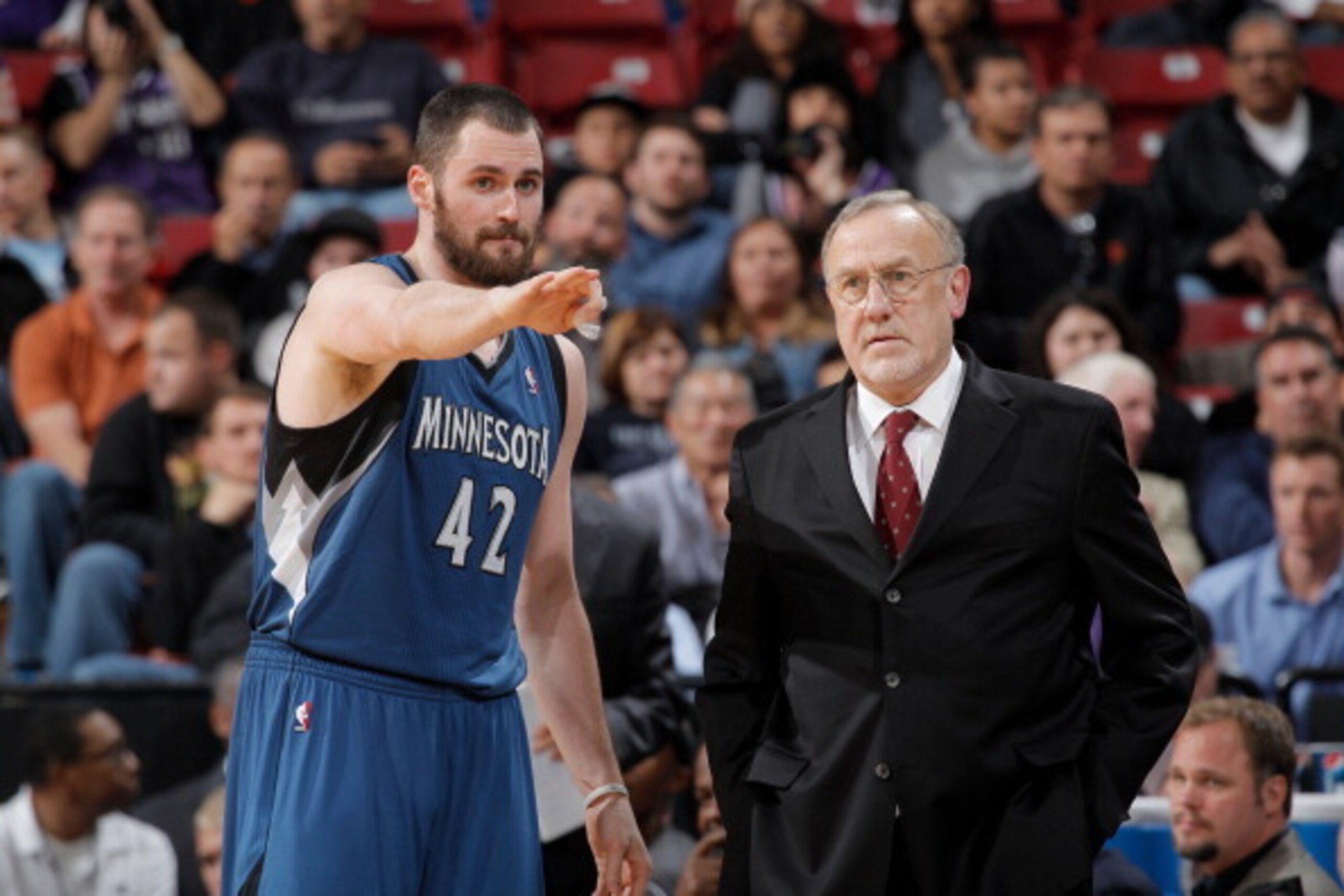 SACRAMENTO, CA - NOVEMBER 27: Head coach Rick Adelman and Kevin Love #42 of the Minnesota Timberwolves in a game against the Sacramento Kings on November 27, 2012 at Sleep Train Arena in Sacramento, California. NOTE TO USER: User expressly acknowledges an
