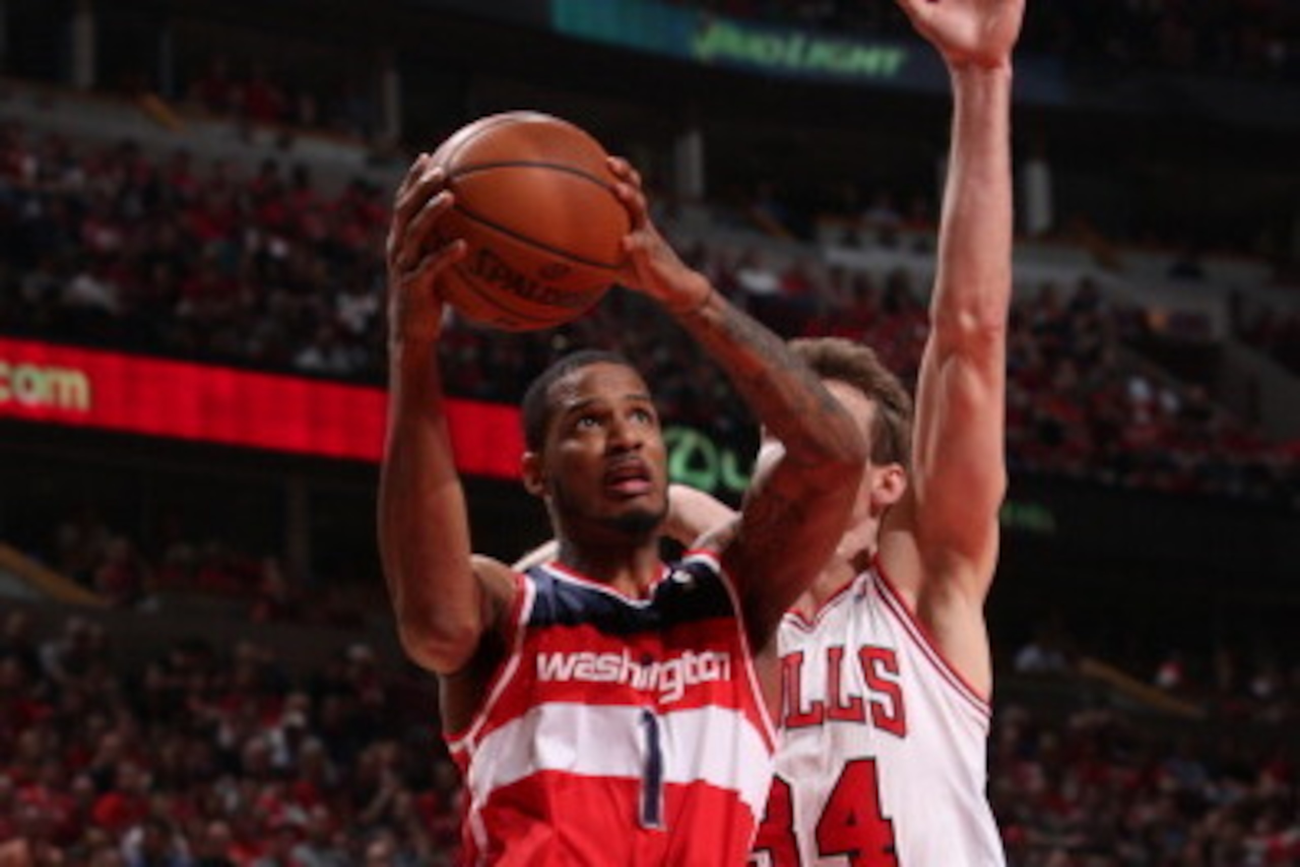 CHICAGO, IL  APRIL 20: Trevor Ariza #1 of the Washington Wizards goes up for a shot against the Chicago Bulls during Game 1 of the Eastern Conference Quarterfinals on April 20, 2014 at the United Center in Chicago, Illinois. NOTE TO USER: User expressly a