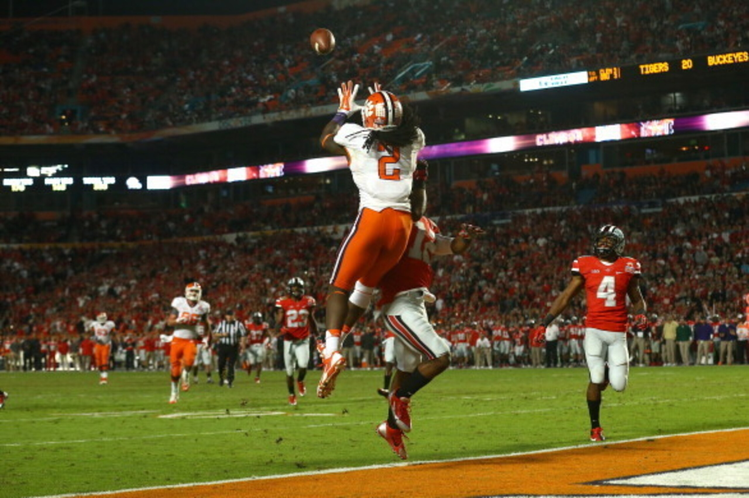MIAMI GARDENS, FL - JANUARY 03:  Sammy Watkins #2 of the Clemson Tigers catches a touchdown in the third quarter against Doran Grant #12 of the Ohio State Buckeyes during the Discover Orange Bowl at Sun Life Stadium on January 3, 2014 in Miami Gardens, Fl