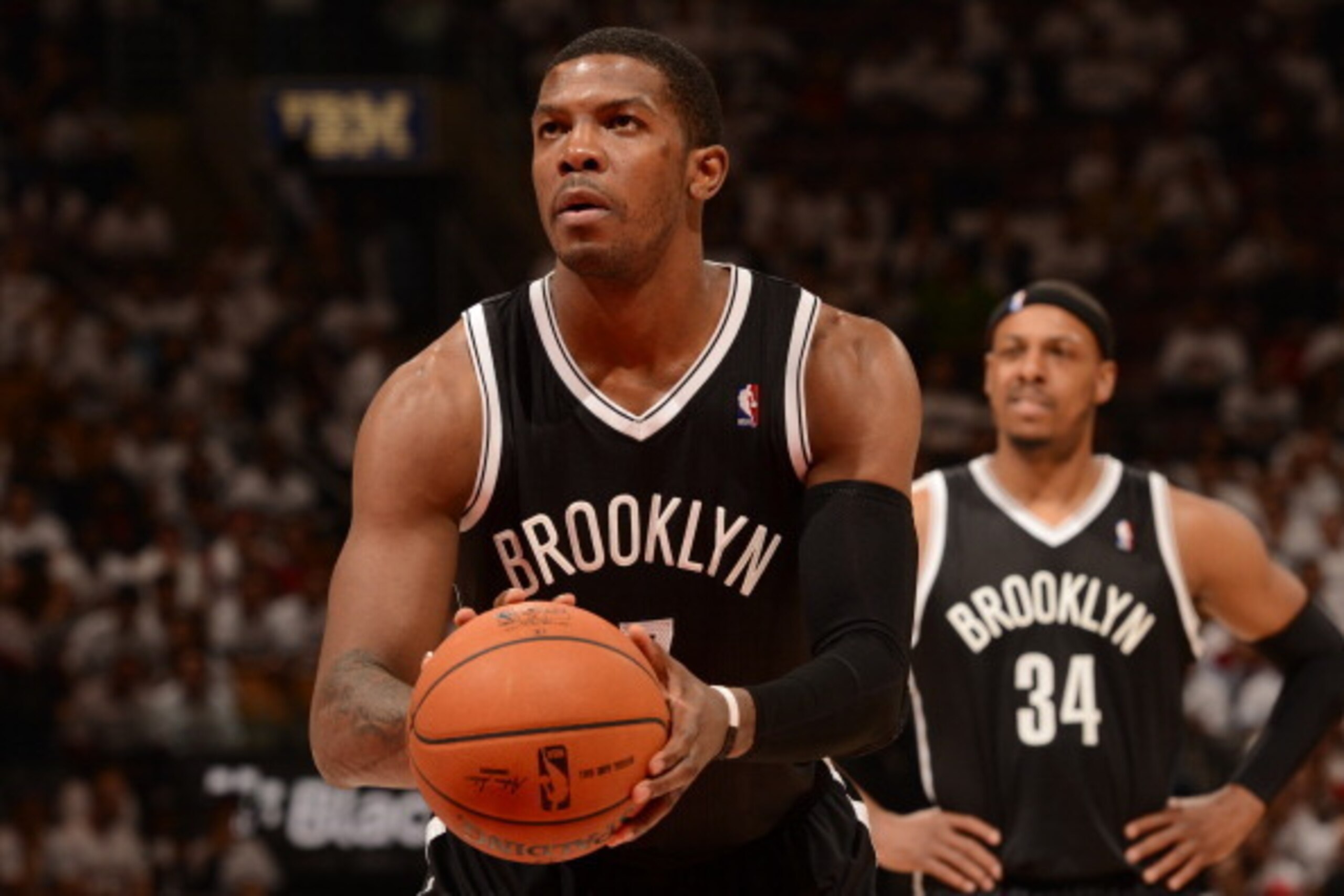 TORONTO, ON - APRIL 22: Joe Johnson #7 of the Brooklyn Nets shoots a free throw in Game Two of the Eastern Conference Quarterfinals against the Toronto Raptors during the NBA Playoffs at the Air Canada Centre on April 22, 2014 in Toronto, Ontario, Canada.