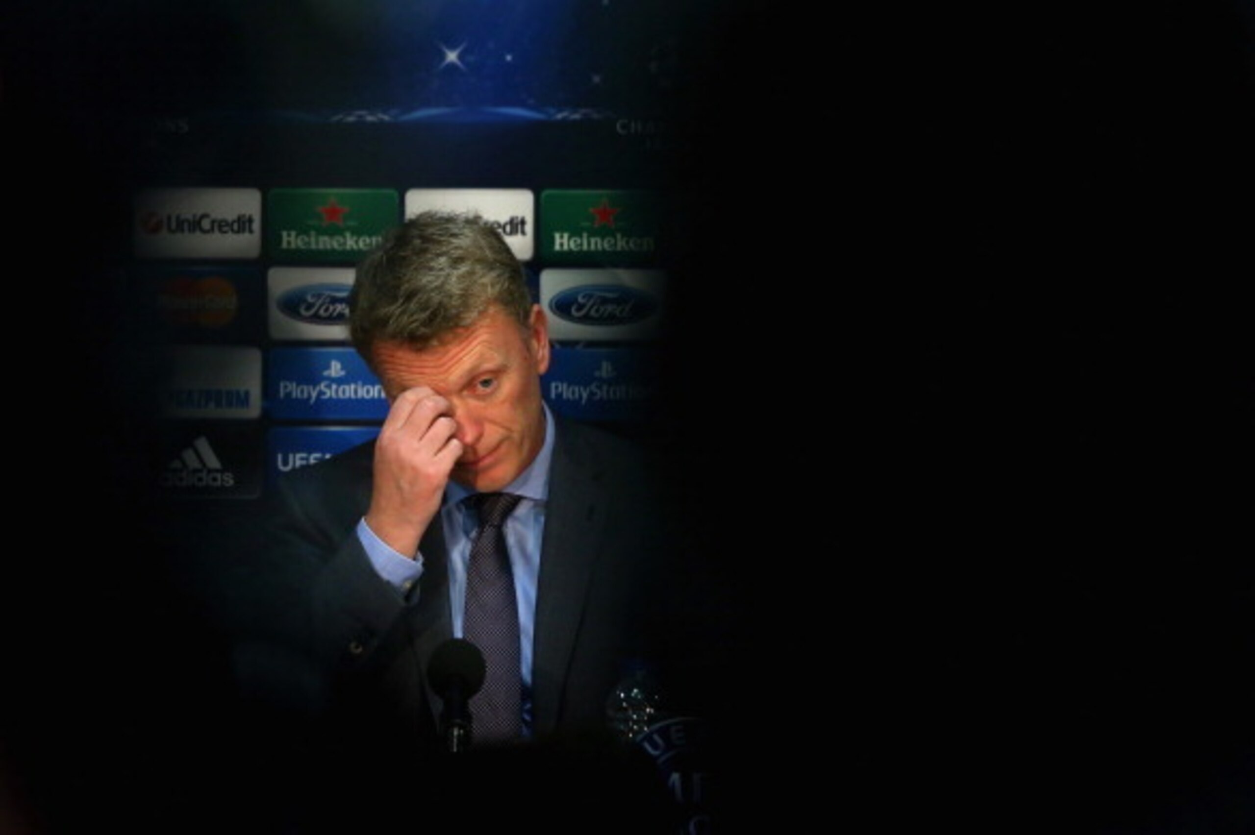 MANCHESTER, ENGLAND - MARCH 31:  David Moyes the manager of Manchester United looks on as he faces the media during a press conference at Old Trafford on March 31, 2014 in Manchester, England.  (Photo by Alex Livesey/Getty Images)