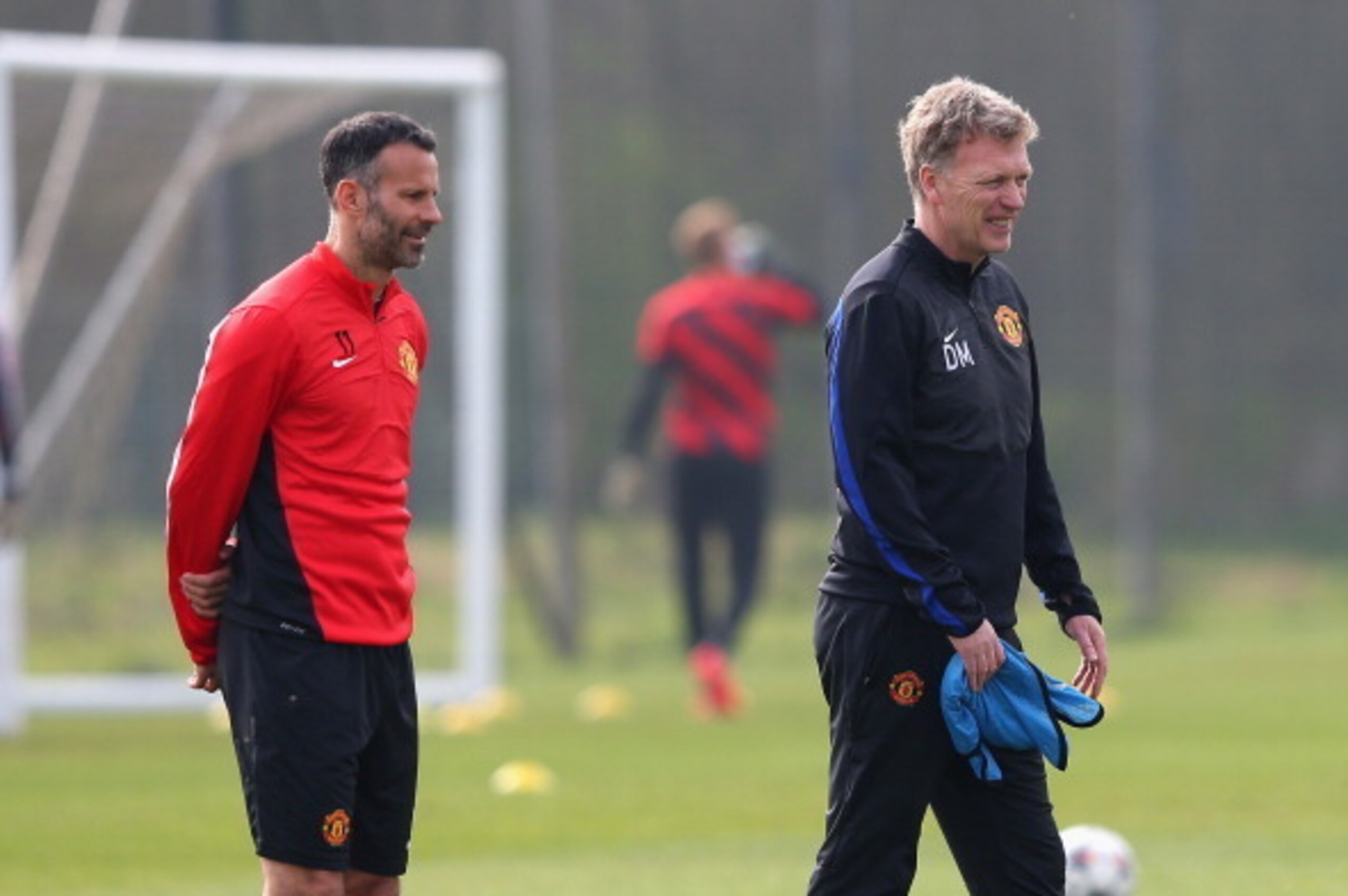 MANCHESTER, ENGLAND - MARCH 31:  David Moyes the manager of Manchester United and Ryan Giggs look during a training session at the Aon Training Complex on March 31, 2014 in Manchester, England.  (Photo by Alex Livesey/Getty Images)