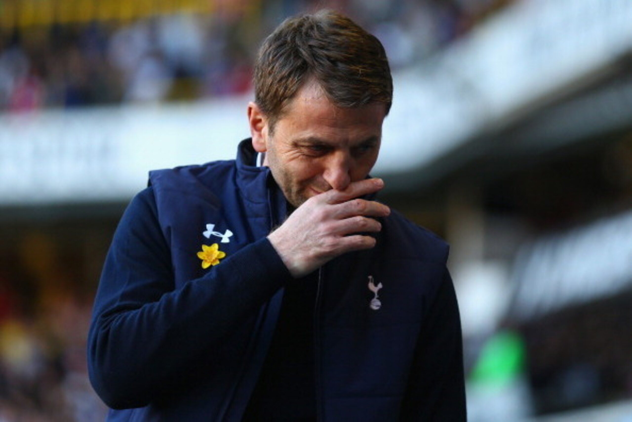 LONDON, ENGLAND - MARCH 16:  Tim Sherwood manager of Tottenham Hotspur wipes his face during the Barclays Premier League match between Tottenham Hotspur and Arsenal at White Hart Lane on March 16, 2014 in London, England.  (Photo by Paul Gilham/Getty Imag