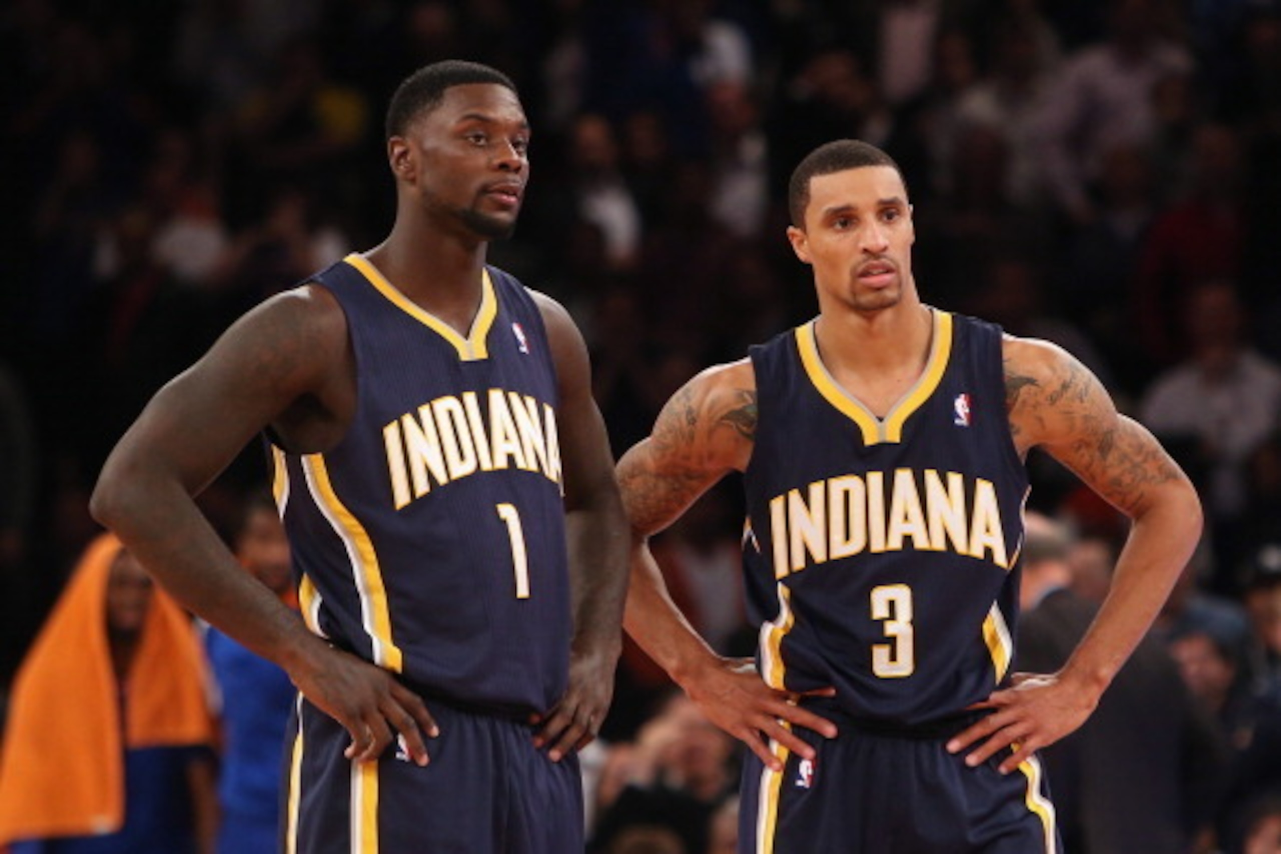 NEW YORK, NY - NOVEMBER 20: Lance Stephenson #1 and George Hill #3 of the Indiana Pacers wait for play to begin against the New York Knicks at Madison Square Garden on November 20, 2013 in New York City. NOTE TO USER: User expressly acknowledges and agree NEW YORK, NY - NOVEMBER 20: Lance Stephenson #1 and George Hill #3 of the Indiana Pacers wait for play to begin against the New York Knicks at Madison Square Garden on November 20, 2013 in New York City. NOTE TO USER: User expressly acknowledges and agree