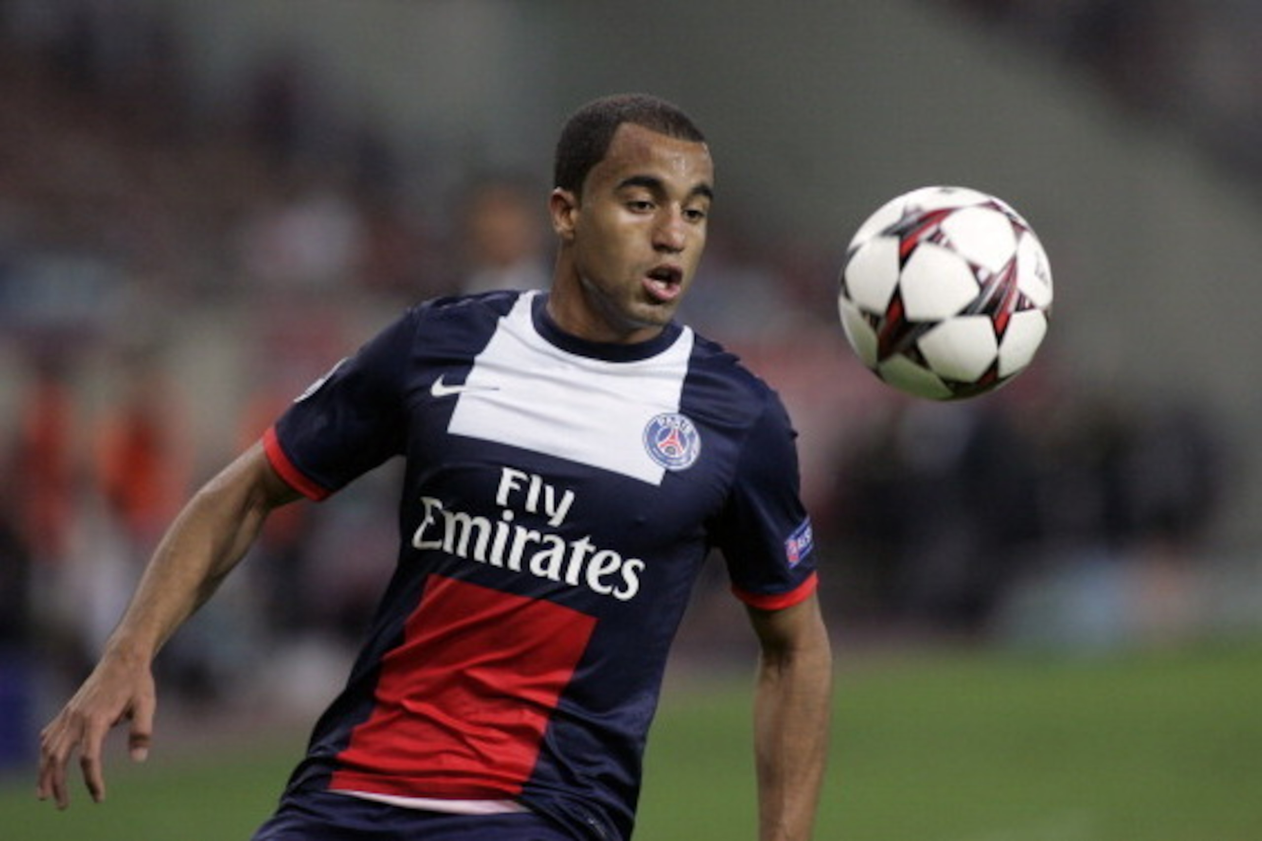 ATHENS, GREECE - SEPTEMBER 17:  Lucas of Paris Saint-Germain FC in action during the UEFA Champions League group stage match between Olympiacos FC and Paris Saint-Germain FC held on September 17, 2013 at the Georgios Karaiskakis Stadium in Athens, Greece.