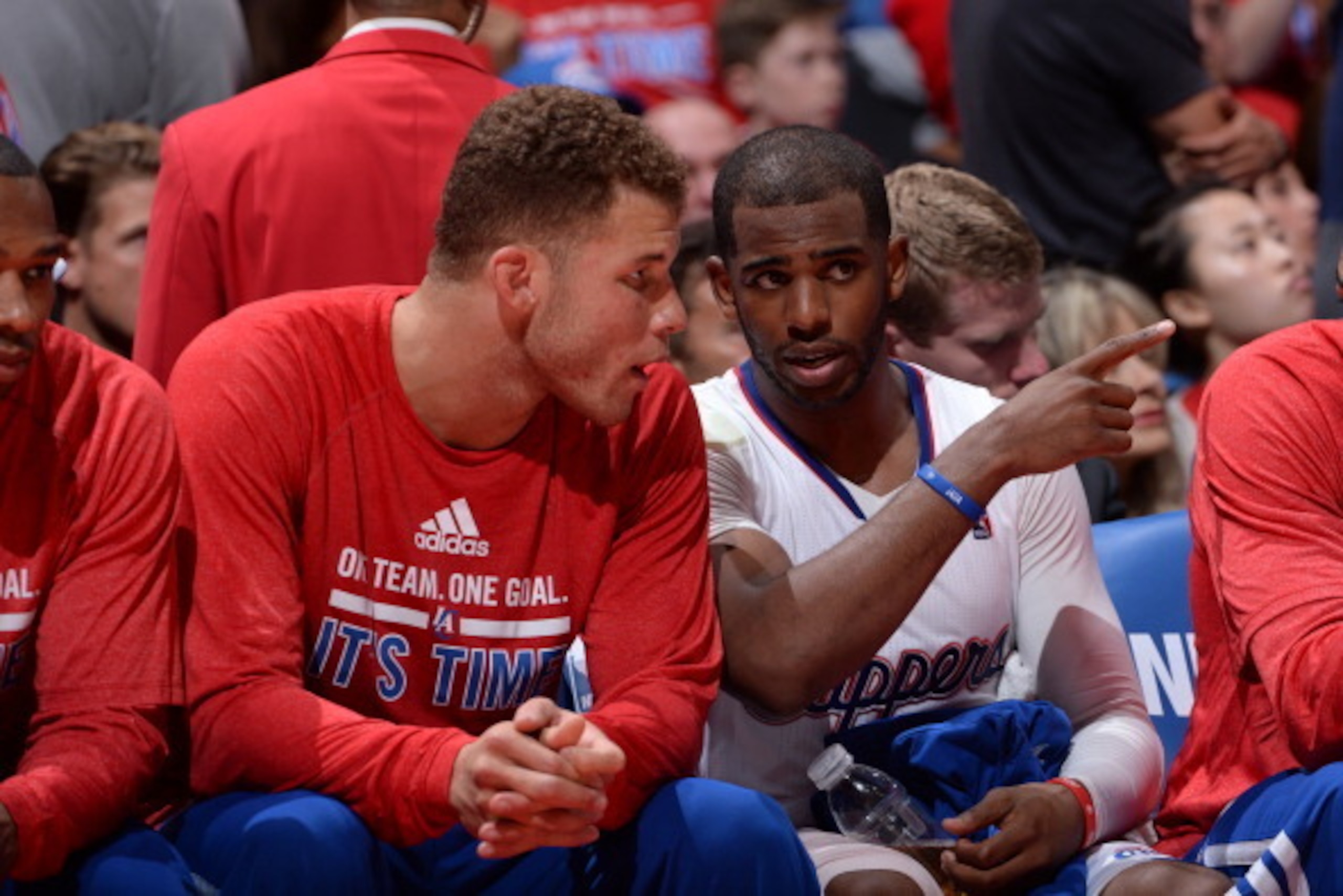 LOS ANGELES, CA - APRIL 21: Chris Paul #3 of the Los Angeles Clippers talks with teammate Blake Griffin #32 in Game Two of the Western Conference Quarterfinals against the Golden State Warriors at Staples Center on April 21, 2014 in Los Angeles, Californi
