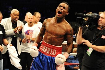 WASHINGTON, DC - JANUARY 25: Jermell Charlo reacts after defeating Gabriel Rosado in their WBC Continental Americas Title match at the DC Armory on January 25, 2014 in Washington, DC. (Photo by Patrick Smith/Getty Images)