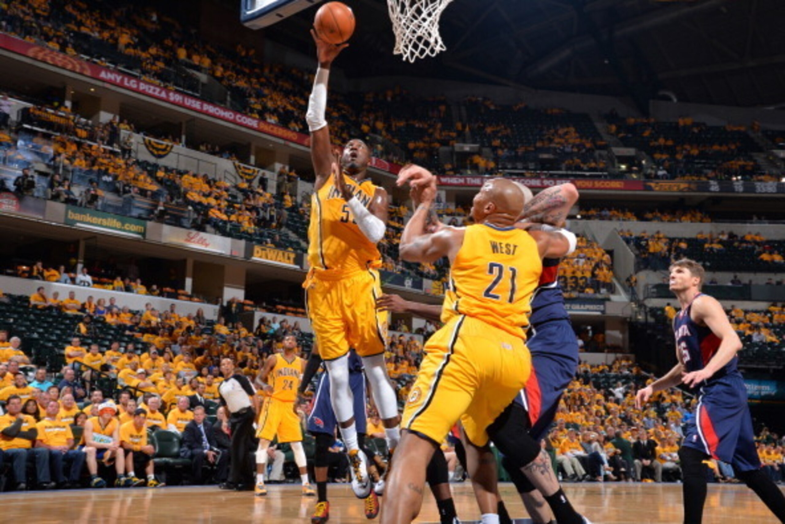 INDIANAPOLIS, IN - APRIL 19:  Roy Hibbert #55 of the Indiana Pacers drives to the basket during Game One of the Eastern Conference Quarterfinals against the Atlanta Hawks during the 2014 NBA Playoffs on April 19, 2014 at Bankers Life Fieldhouse in Indiana