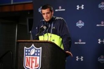 Feb 21, 2014; Indianapolis, IN, USA; Fresno State quarterback Derek Carr speaks to the media in a press conference during the 2014 NFL Combine at Lucas Oil Stadium. Mandatory Credit: Brian Spurlock-USA TODAY Sports