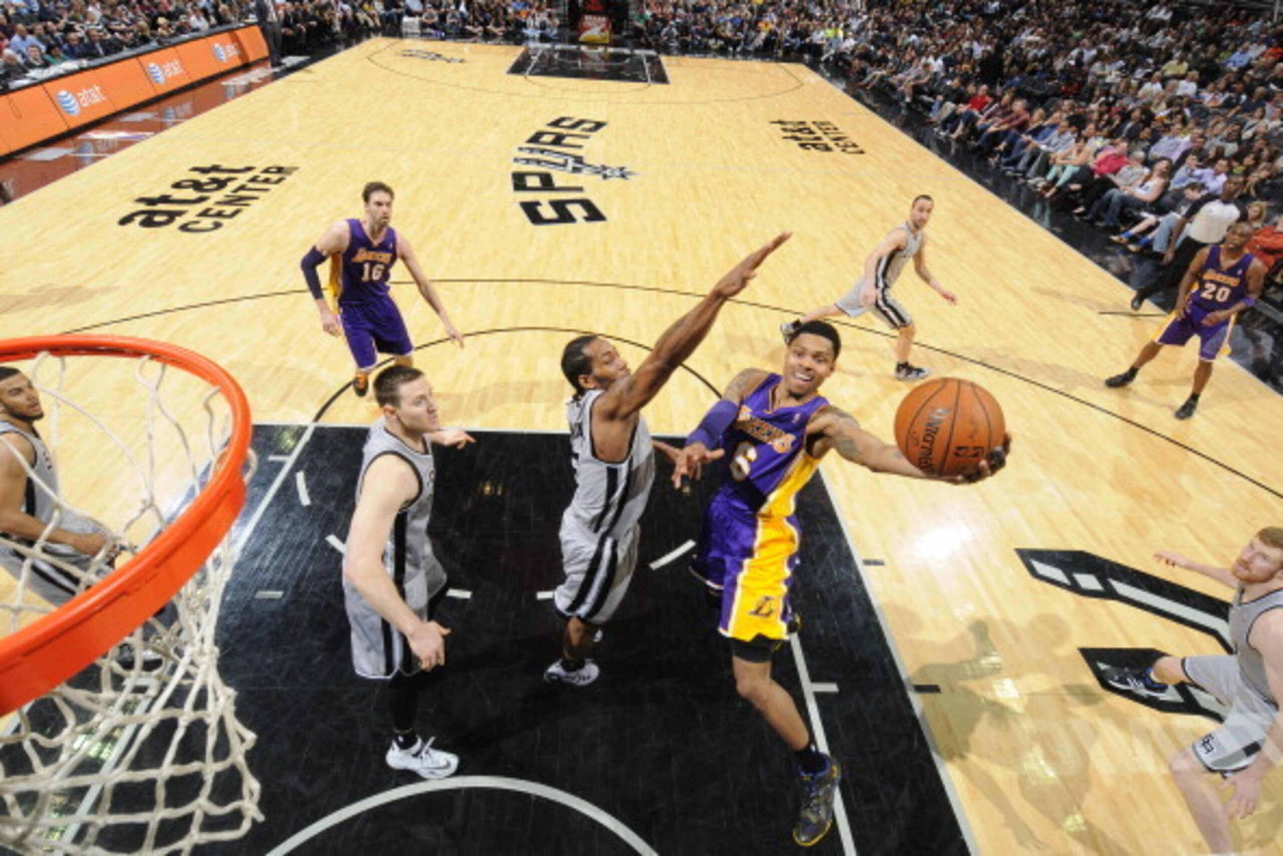 SAN ANTONIO, TX - March 14: Kent Bazemore #6 of the Los Angeles Lakers shoots against the San Antonio Spurs at the AT&T Center on March 14, 2014 in San Antonio, Texas. NOTE TO USER: User expressly acknowledges and agrees that, by downloading and or using