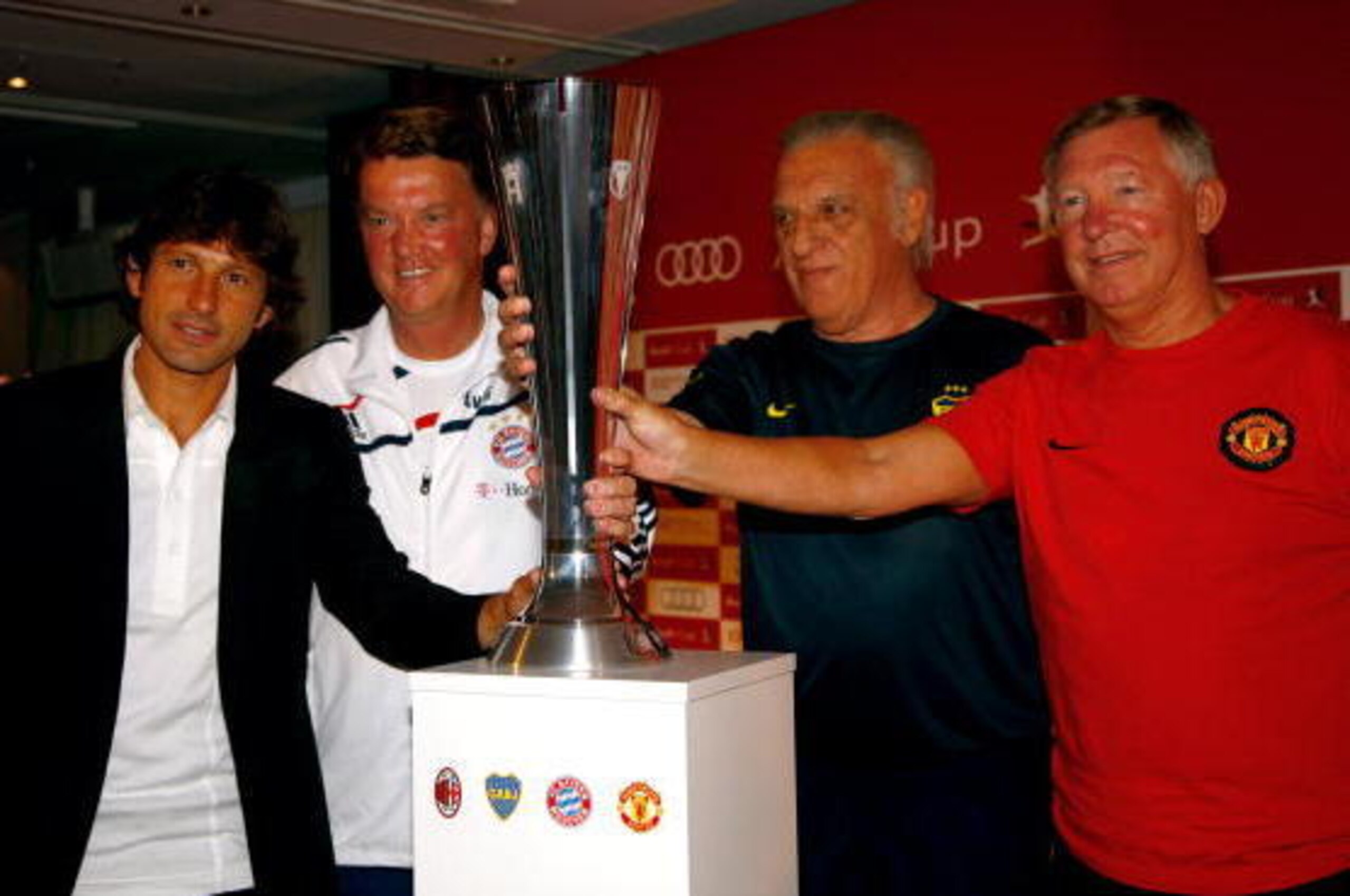 MUNICH, GERMANY - JULY 28:  Head coach of AC Milan Leonardo, head coach of Bayern Louis van Gaal, head coach of Boca Juniors Alfio Basile and head coach of Manchester United Sir Alex Ferguson attend the press conference during the Audi Cup 2009 at the Wes