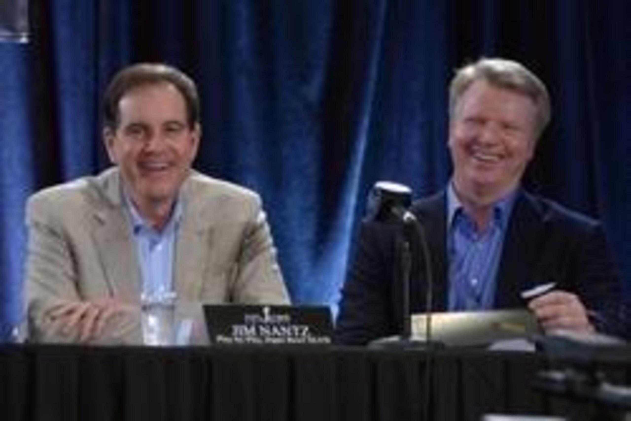 Jan 29, 2013, New Orleans, LA, USA; CBS sports Super Bowl XLVII play-by-play broadcaster Jim Nantz (left) and lead analyst Phil Simms at press conference at the New Orleans Ernest N. Morial Convention Center. Mandatory Credit: Kirby Lee-USA TODAY Sports