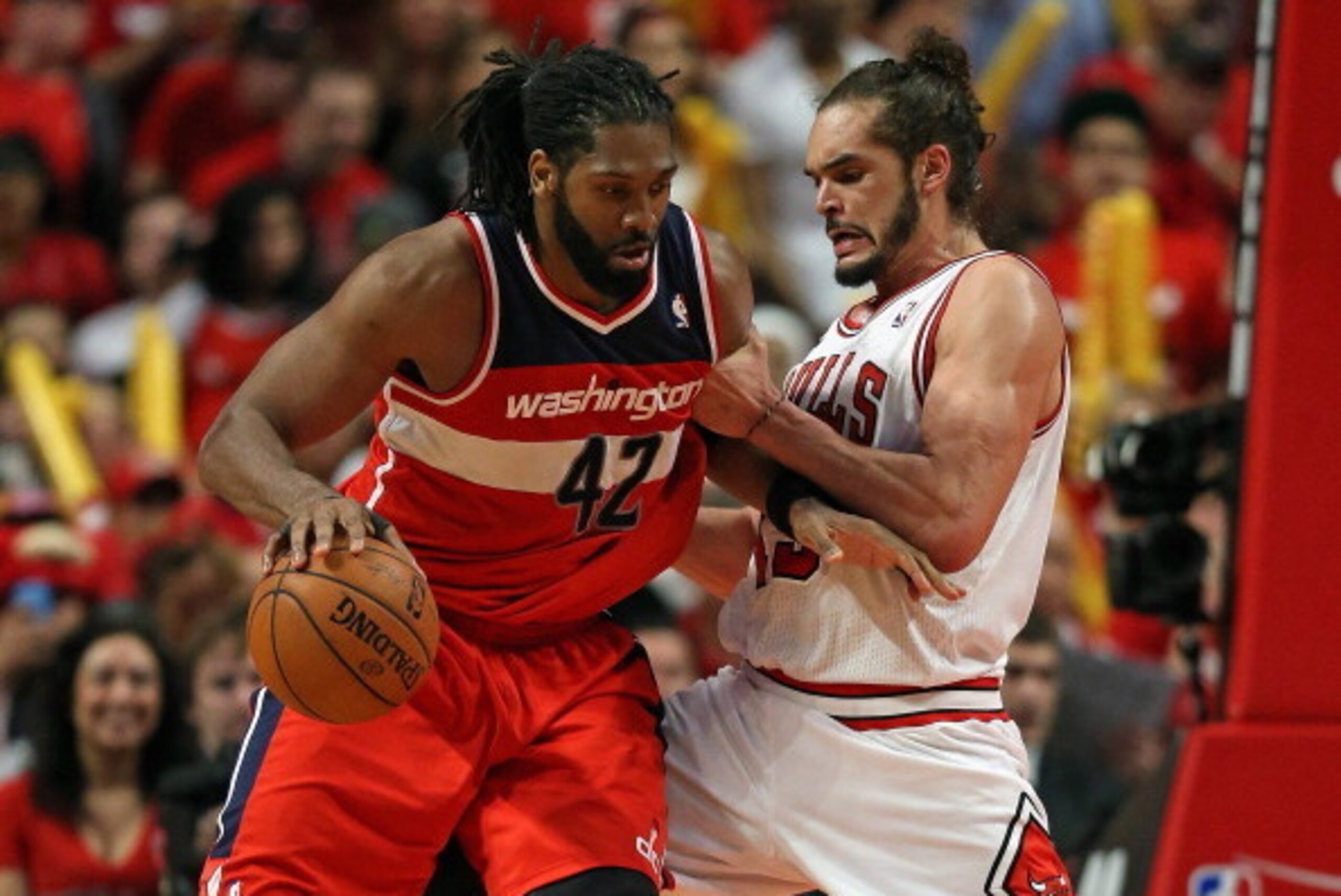 CHICAGO, IL - APRIL 20: Nene #42 of the Washington Wizards moves against Joakim Noah #13 of the Chicago Bulls in Game One of the Eastern Conference Quarterfinals during the 2014 NBA Playoffs at the United Center on April 20, 2014 in Chicago, Illinois. The