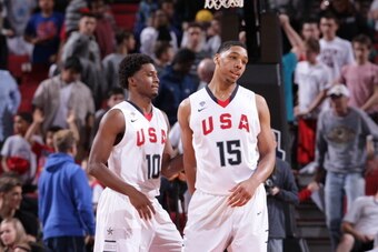 PORTLAND, OR - APRIL 12:  Justise Winslow #10 and Jahlil Okafor #15 of the USA team celebrate during the game against the World Team on April 12, 2014 at the Moda Center Arena in Portland, Oregon. NOTE TO USER: User expressly acknowledges and agrees that,