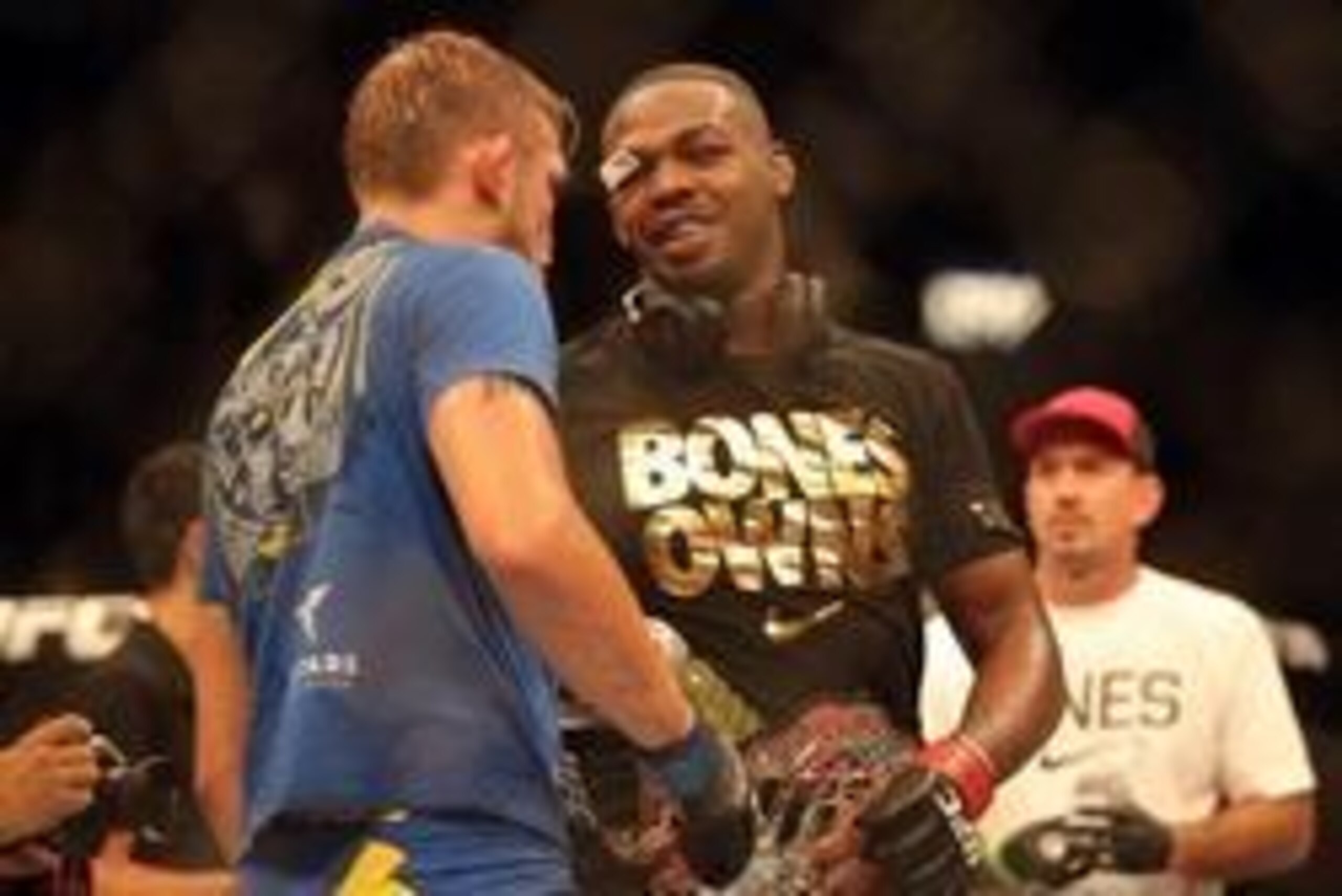 Sep 21, 2013; Toronto, Ontario, CAN; Jon Jones congratulates Alexander Gustafsson (left) after Jones' victory in their light heavyweight championship bout at UFC 165 at the Air Canada Centre. Mandatory Credit: Tom Szczerbowski-USA TODAY Sports