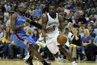 Apr 24, 2014; Memphis, TN, USA; Memphis Grizzlies guard Tony Allen (9) drives past Oklahoma City Thunder guard Reggie Jackson (15) in game three of the first round of the 2014 NBA Playoffs at FedExForum. Memphis Grizzlies beat Oklahoma City Thunder in ove