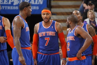 SACRAMENTO, CA - MARCH 26: Amar'e Stoudemire #1, Carmelo Anthony #7, Raymond Felton #2 and J.R. Smith #8 of the New York Knicks in a game against the Sacramento Kings on March 26, 2014 at Sleep Train Arena in Sacramento, California. NOTE TO USER: User exp