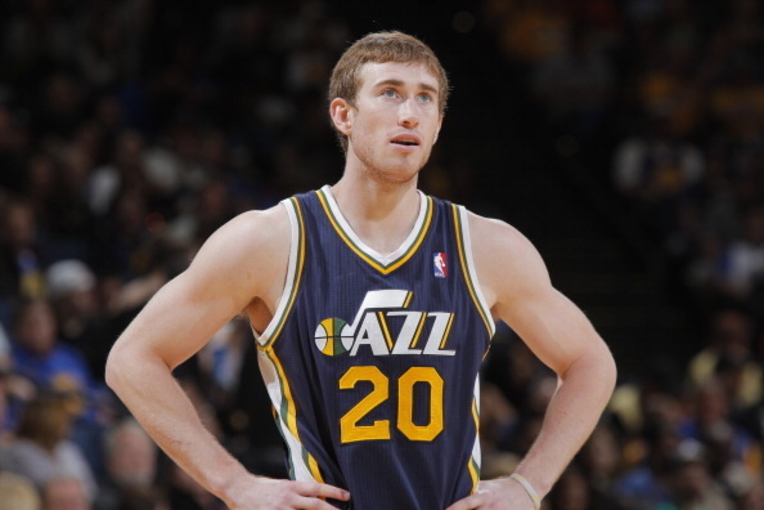 OAKLAND, CA - APRIL 6: Gordon Hayward #20 of the Utah Jazz in a game against the Golden State Warriors on April 6, 2014 at Oracle Arena in Oakland, California. NOTE TO USER: User expressly acknowledges and agrees that, by downloading and or using this pho