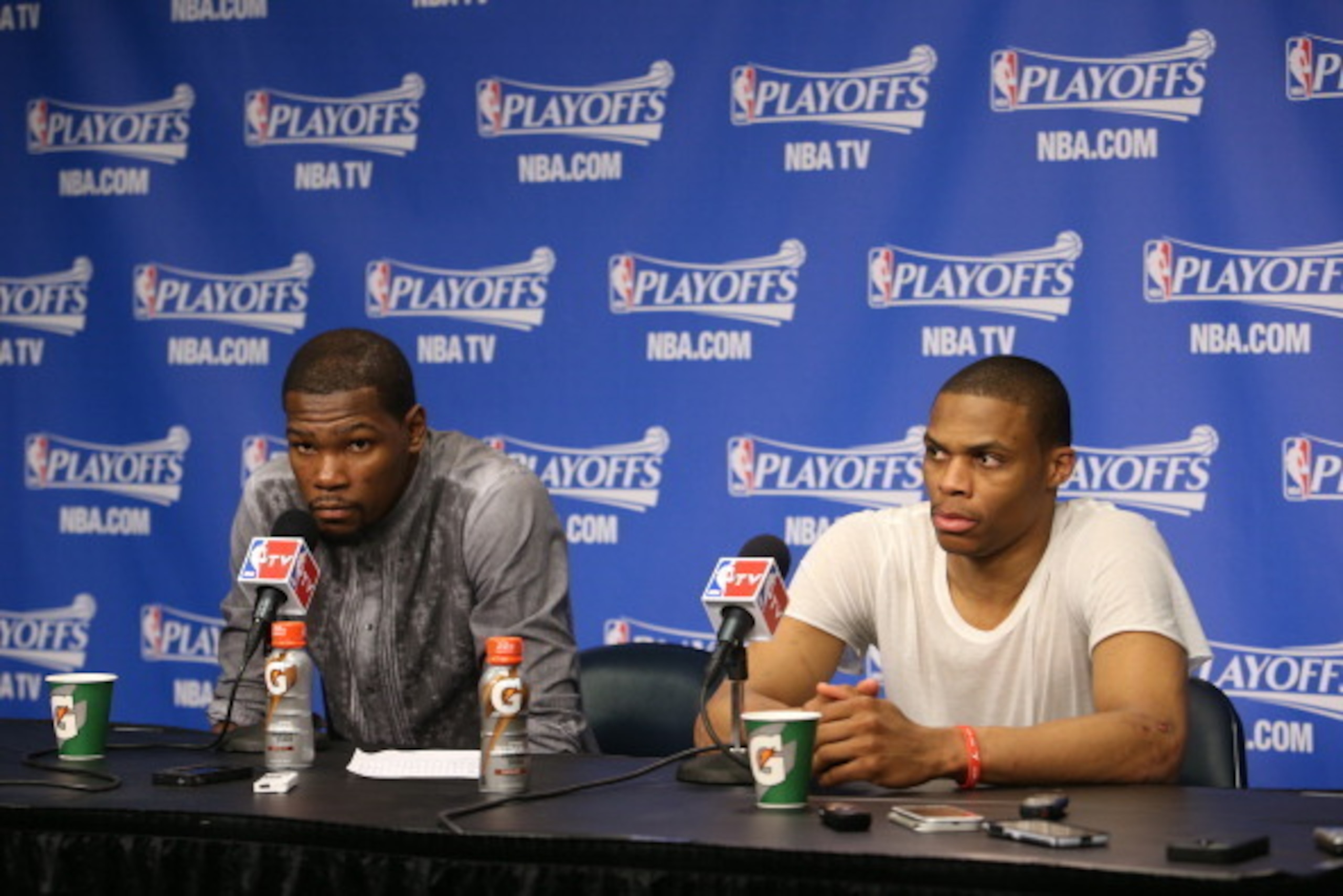 MEMPHIS, TN - APRIL 24: Kevin Durant #35 and Russell Westbrook #0 of the Oklahoma City Thunder address the media after Game Three of the Western Conference Quarterfinals against the Memphis Grizzlies during the 2014 NBA Playoffs on April 24, 2014 at FedEx