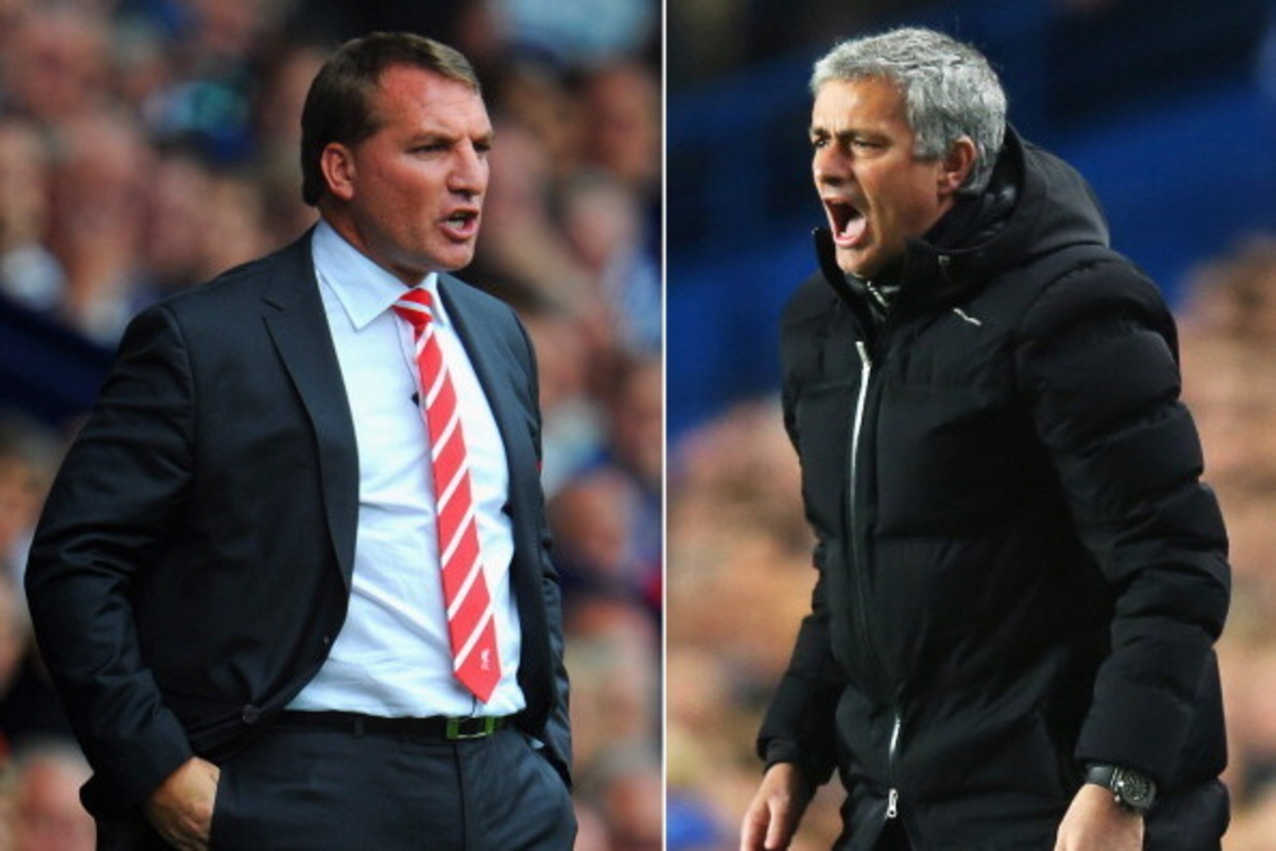 FILE PHOTO - EDITORS NOTE: COMPOSITE OF TWO IMAGES - Image Numbers 150452492 (L) and 479407505) In this composite image a comparison has been made between Brendan Rodgers ,manager of Liverpool (L) and Chelsea manager Jose Mourinho. The top two teams in th