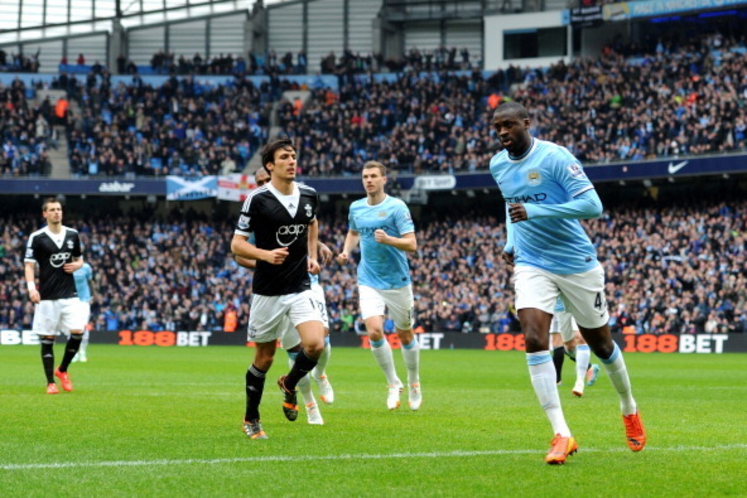 MANCHESTER, ENGLAND - APRIL 05:  Yaya Toure of Manchester City turns away after scoring the opening goal from the penalty spot during the Barclays Premier League match between Manchester City and Southampton at Etihad Stadium on April 5, 2014 in Mancheste
