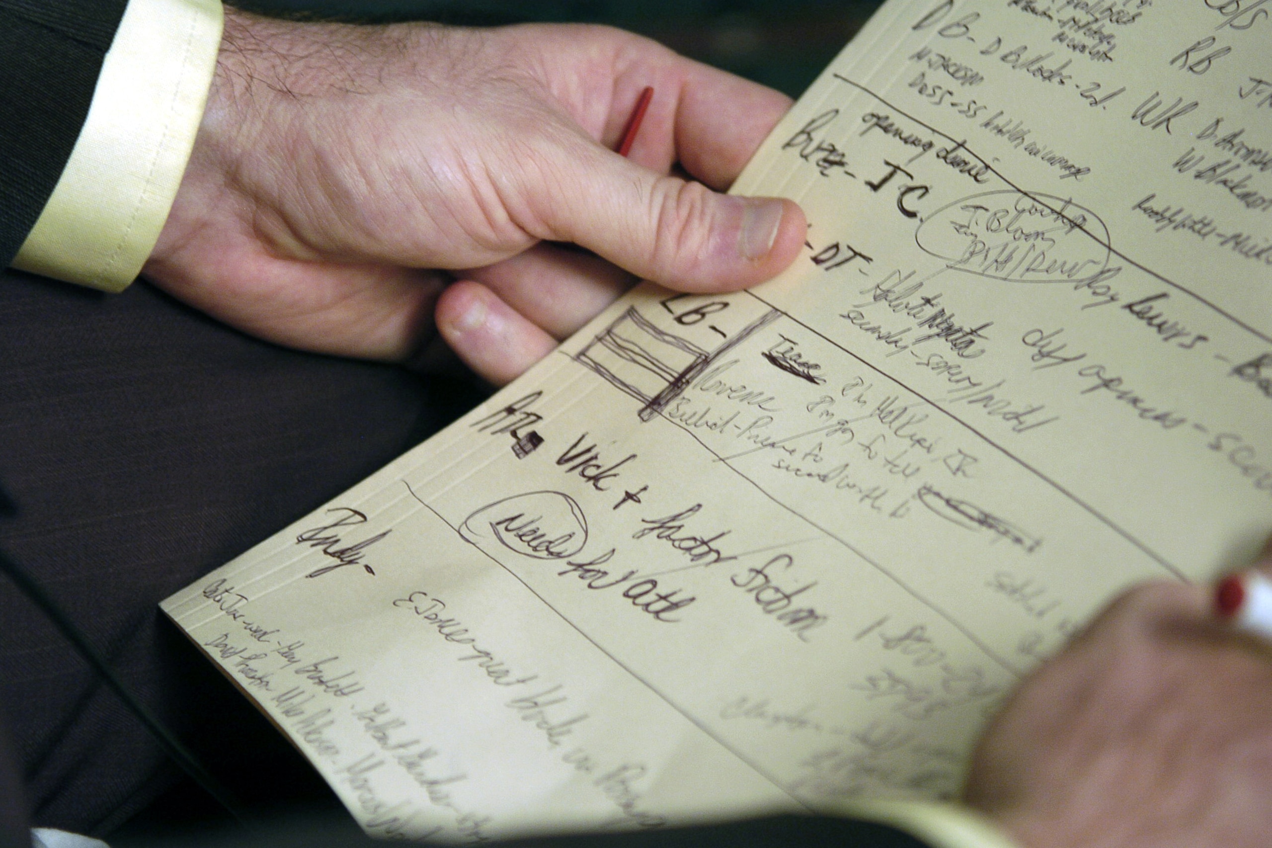 Mel Kiper takes notes on a folder before the 2006 NFL draft.