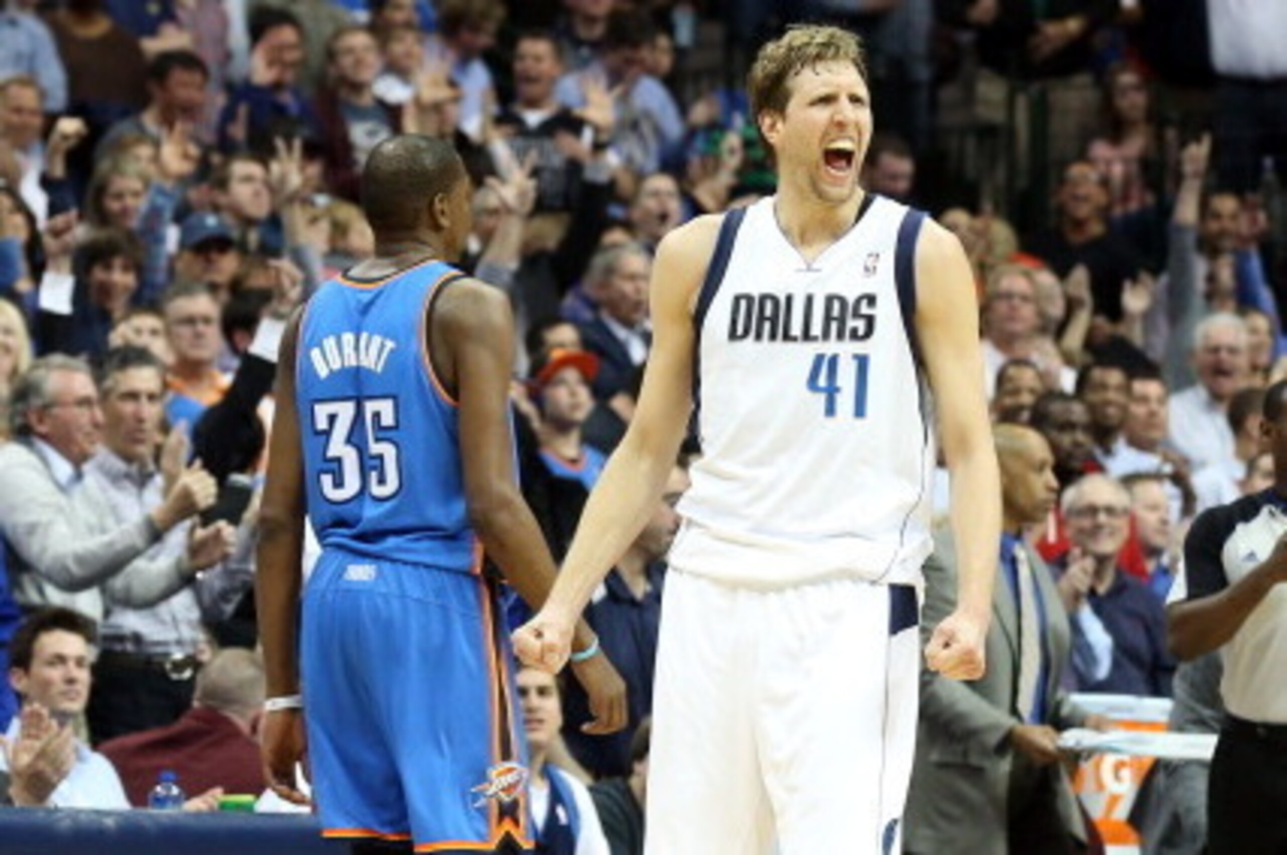 DALLAS, TX - MARCH 25:  Dirk Nowitzki #41 of the Dallas Mavericks reacts during the game against the Oklahoma City Thunder on March 25, 2014 at the American Airlines Center in Dallas, Texas. NOTE TO USER: User expressly acknowledges and agrees that, by do
