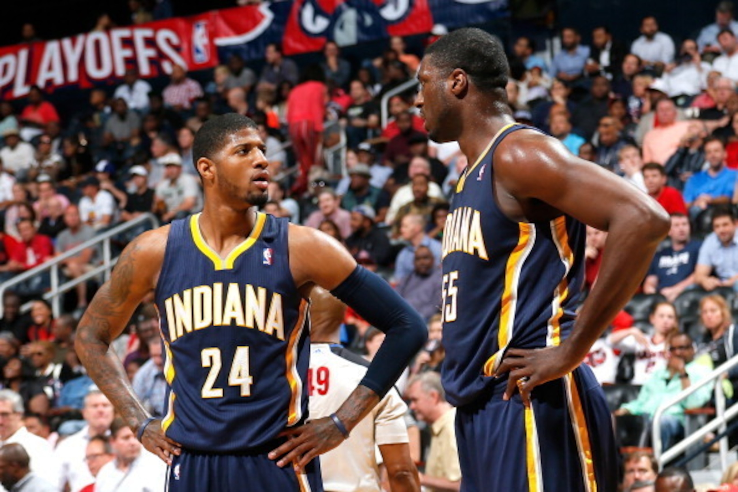 ATLANTA, GA - APRIL 24:  Paul George #24 and Roy Hibbert #55 of the Indiana Pacers react after a foul in Game 3 of the Eastern Conference Quarterfinals during the 2014 NBA Playoffs against the Atlanta Hawks at Philips Arena on April 24, 2014 in Atlanta, G