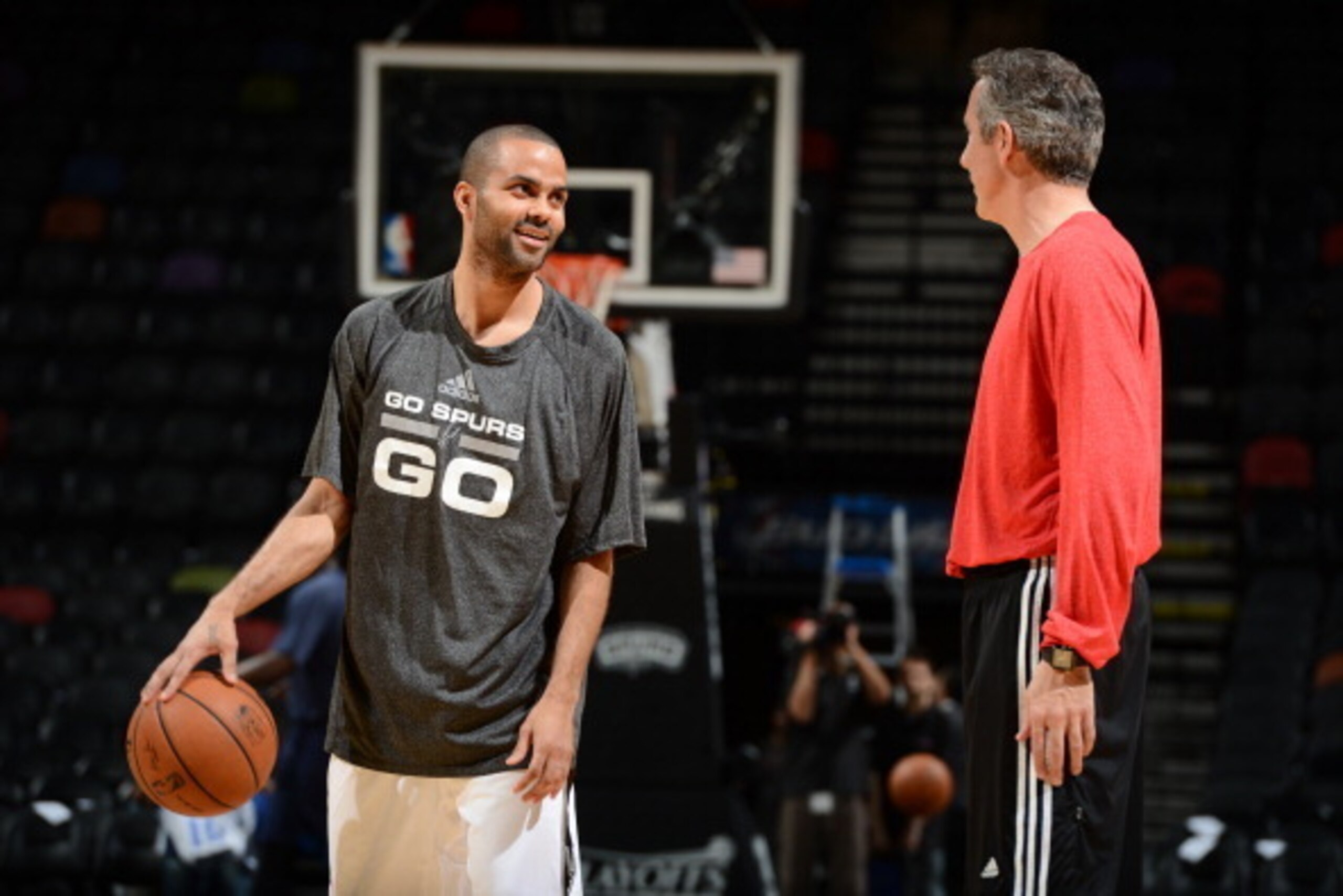 SAN ANTONIO, TX - APRIL 23:  Tony Parker #9 of the San Antonio Spurs warms up before the game against the Dallas Mavericks in Game Two of the Western Conference Quarterfinals during the 2014 NBA Playoffs on April 23, 2014 at the AT&T Center in San Antonio