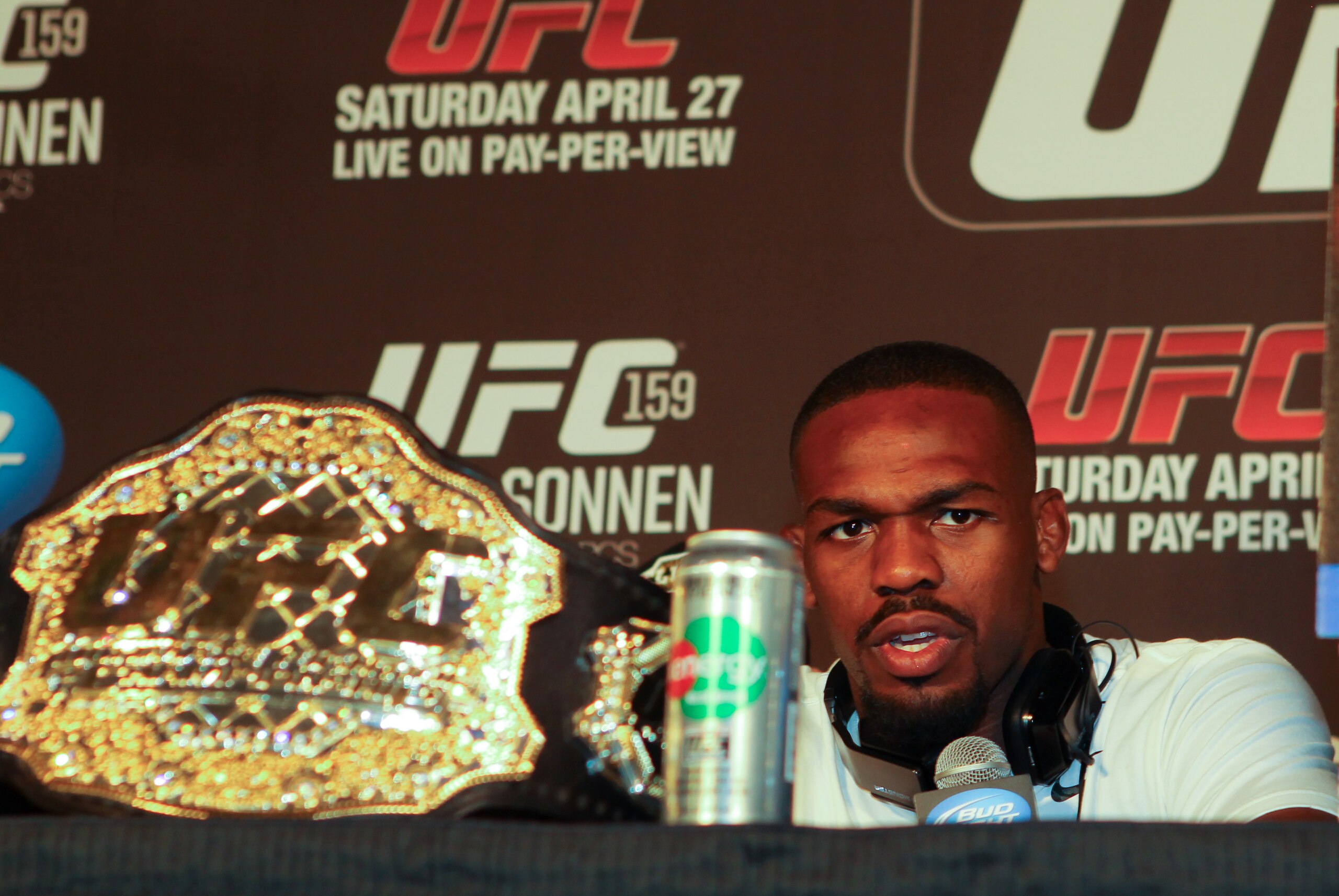 Apr 27, 2013; Newark, NJ, USA; Jon Jones 
during a press conference after UFC 159 at the Prudential Center. Mandatory Credit: Brad Penner-USA TODAY Sports