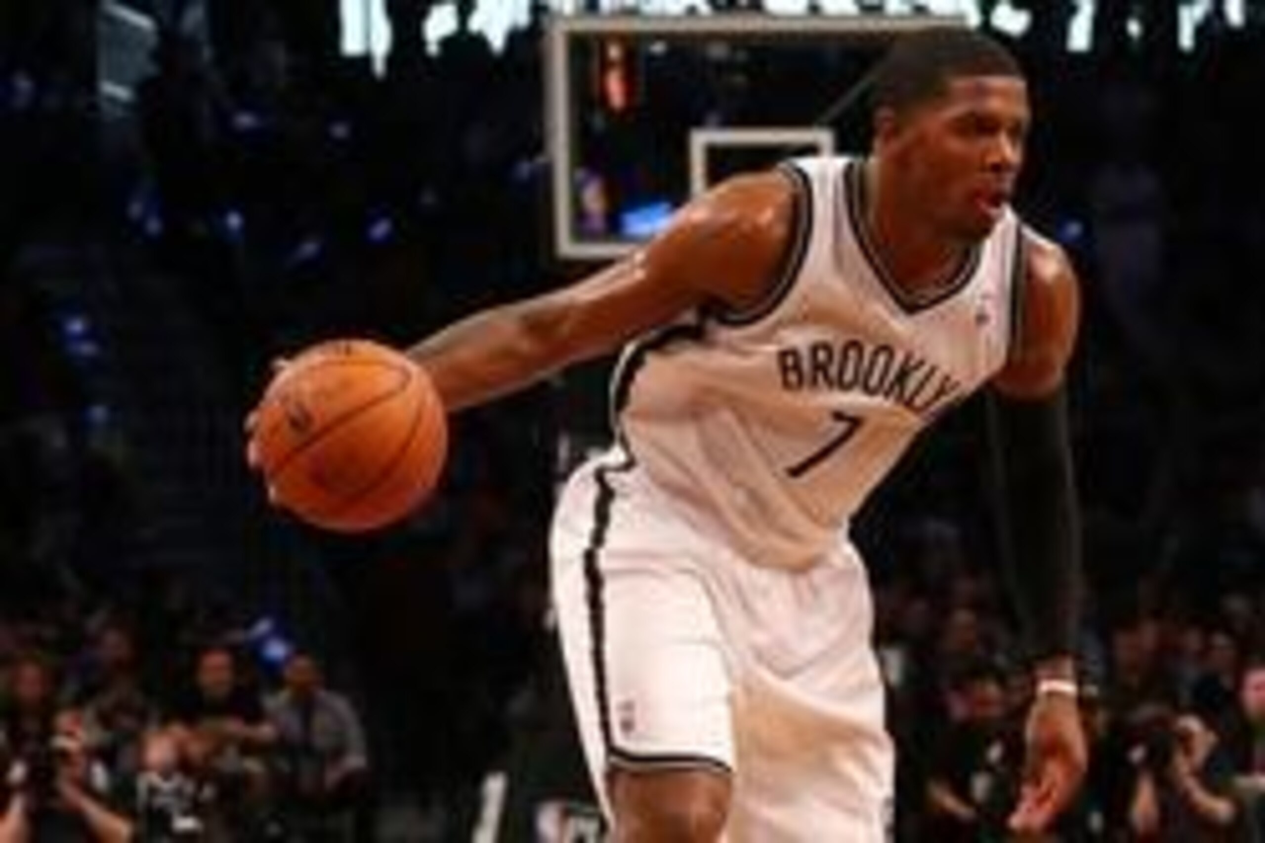 Apr 25, 2014; Brooklyn, NY, USA; Brooklyn Nets guard Joe Johnson (7) advances the ball during the fourth quarter against the Toronto Raptors in game three of the first round of the 2014 NBA Playoffs at Barclays Center. Brooklyn Nets won 102-98.  Mandatory