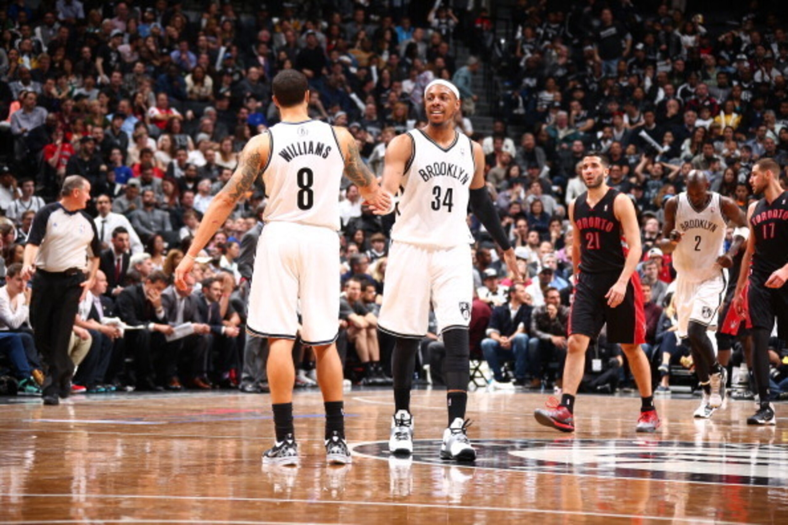 BROOKLYN, NY - APRIL 25: Paul Pierce #34 of the Brooklyn Nets celebrates against the Toronto Raptors in Game Three of the Eastern Conference Quarterfinals during the NBA Playoffs on April 25, 2014 at the Barclays Center in Brooklyn, New York. NOTE TO USER