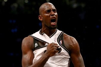 NEW YORK, NY - APRIL 25:  Kevin Garnett #2 of the Brooklyn Nets celebrates in the second quarter against the Toronto Raptors in Game Three of the Eastern Conference Quarterfinals during the 2014 NBA Playoffs at the Barclays Center on April 25, 2014 in the