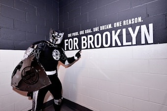 BROOKLYN, NY - APRIL 25: The Brooklyn Nets mascot before Game Three of the Eastern Conference Quarterfinals against the Toronto Raptors during the NBA Playoffs on April 25, 2014 at the Barclays Center in Brooklyn, New York. NOTE TO USER: User expressly ac