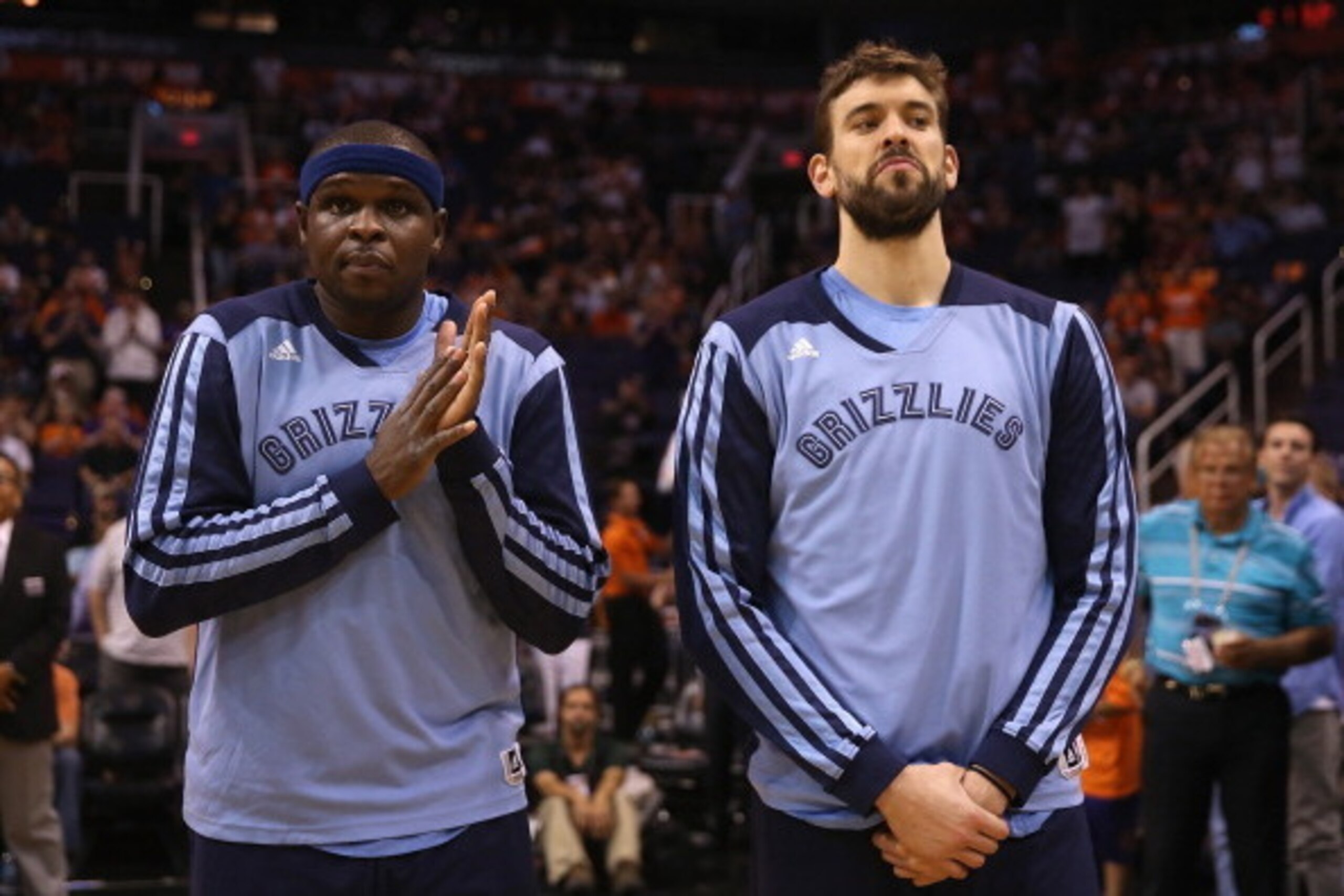 PHOENIX, AZ - APRIL 14: Zach Randolph #50 and Marc Gasol #33 of the Memphis Grizzlies stand on the court before the NBA game against the Phoenix Suns at US Airways Center on April 14, 2014 in Phoenix, Arizona. NOTE TO USER: User expressly acknowledges a PHOENIX, AZ - APRIL 14: Zach Randolph #50 and Marc Gasol #33 of the Memphis Grizzlies stand on the court before the NBA game against the Phoenix Suns at US Airways Center on April 14, 2014 in Phoenix, Arizona. NOTE TO USER: User expressly acknowledges a