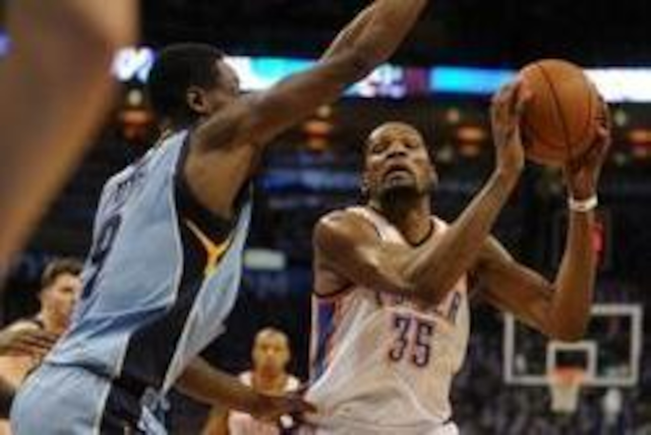 Apr 21, 2014; Oklahoma City, OK, USA; Oklahoma City Thunder forward Kevin Durant (35) handles the ball against Memphis Grizzlies guard Tony Allen (9) during the third quarter in game two during the first round of the 2014 NBA Playoffs at Chesapeake Energy Apr 21, 2014; Oklahoma City, OK, USA; Oklahoma City Thunder forward Kevin Durant (35) handles the ball against Memphis Grizzlies guard Tony Allen (9) during the third quarter in game two during the first round of the 2014 NBA Playoffs at Chesapeake Energy