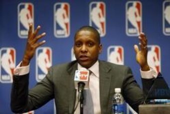 May 9, 2013; Denver, CO, USA; Denver Nuggets general manager Masai Ujiri during the press conference naming him NBA executive of the year at the Pepsi Center. Mandatory Credit: Chris Humphreys-USA TODAY Sports