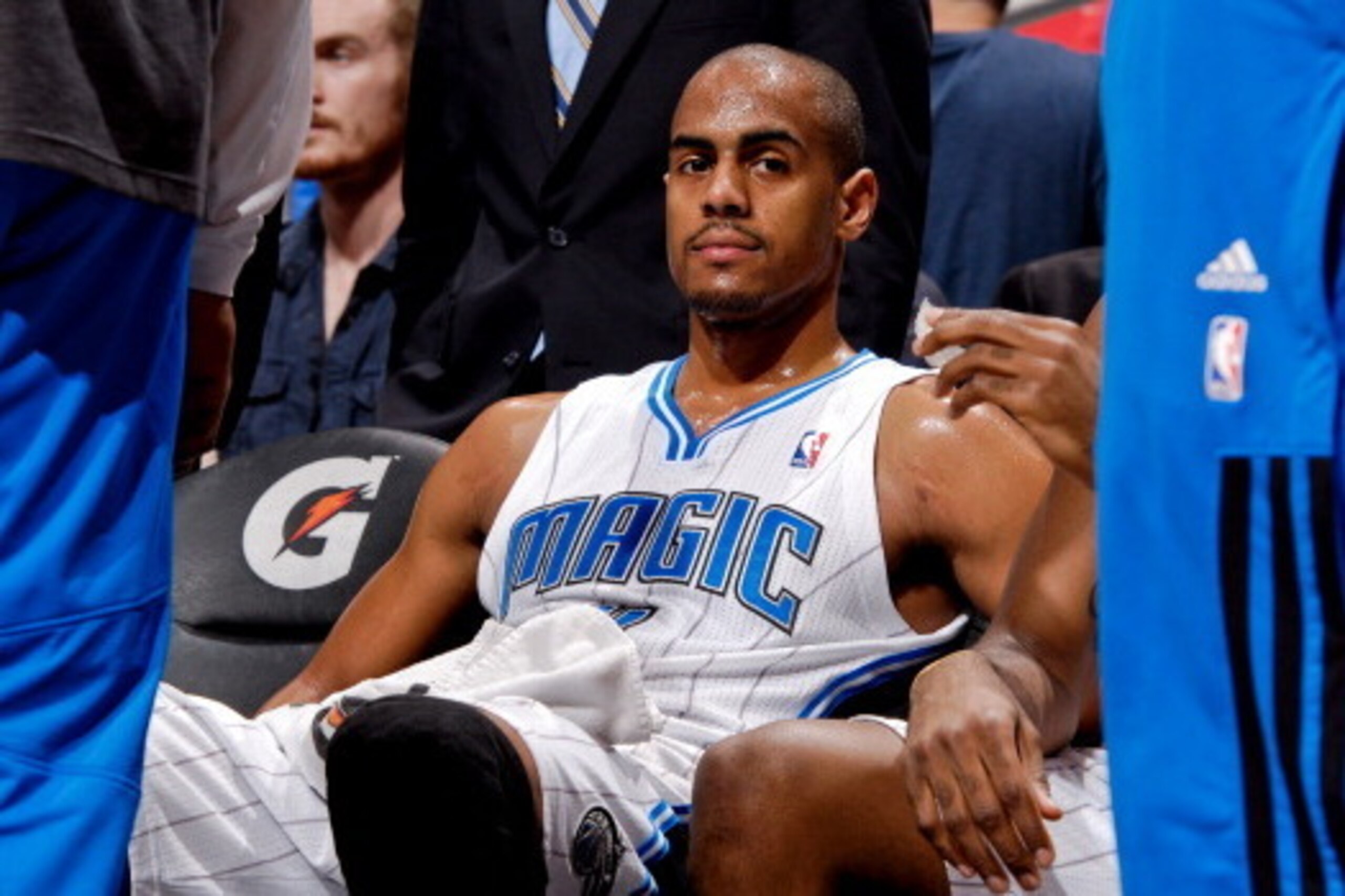 ORLANDO, FL - DECEMBER 19: Arron Afflalo #4 of the Orlando Magic sits on the bench during a game against the Washington Wizards on December 19, 2012 at Amway Center in Orlando, Florida. NOTE TO USER: User expressly acknowledges and agrees that, by downloa