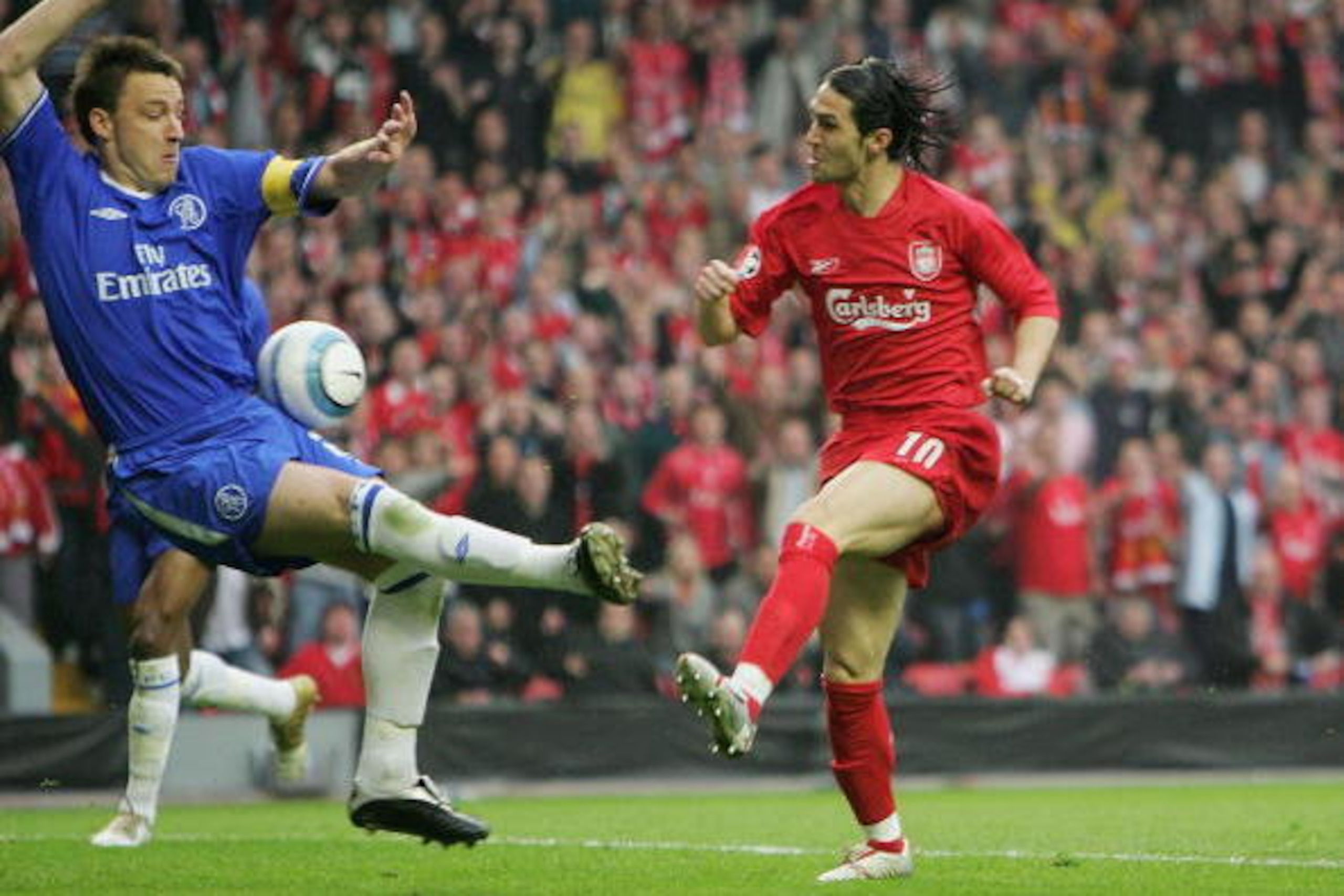 LIVERPOOL, ENGLAND - MAY 03: Luis Garcia of Liverpool scores the opening goal during the UEFA Champions League semi-final second leg match between Liverpool and Chelsea at Anfield on May 3, 2005 in Liverpool, England.  (Photo by Laurence Griffiths/Getty I