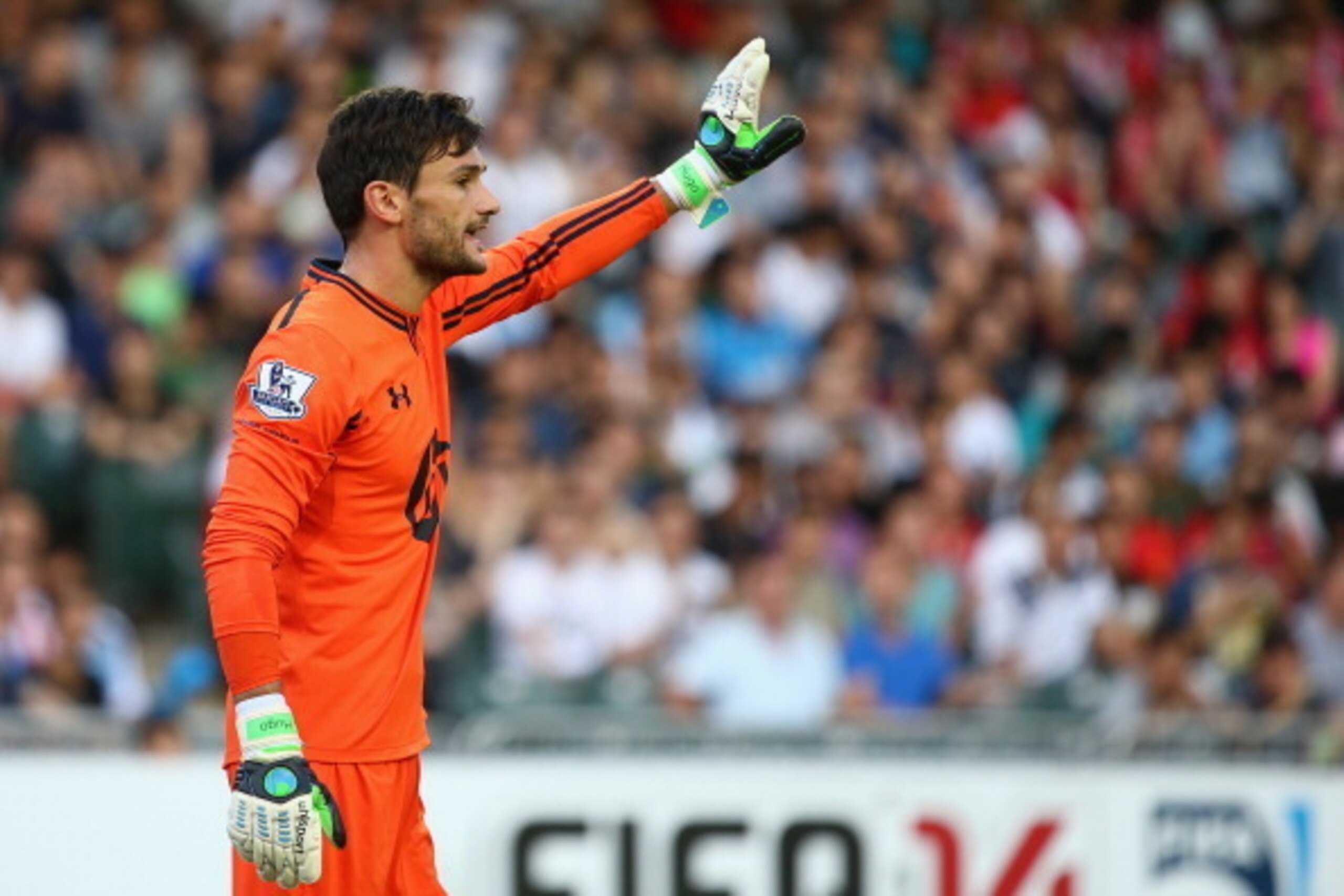 SO KON PO, HONG KONG - JULY 27:  Tottenhan Hotspur Hugo Lloris goalkeeper gestures during the Third Place Play-Off match between Tottenham Hotspur and South China at Hong Kong Stadium on July 27, 2013 in So Kon Po, Hong Kong.  (Photo by Robert Cianflone/G