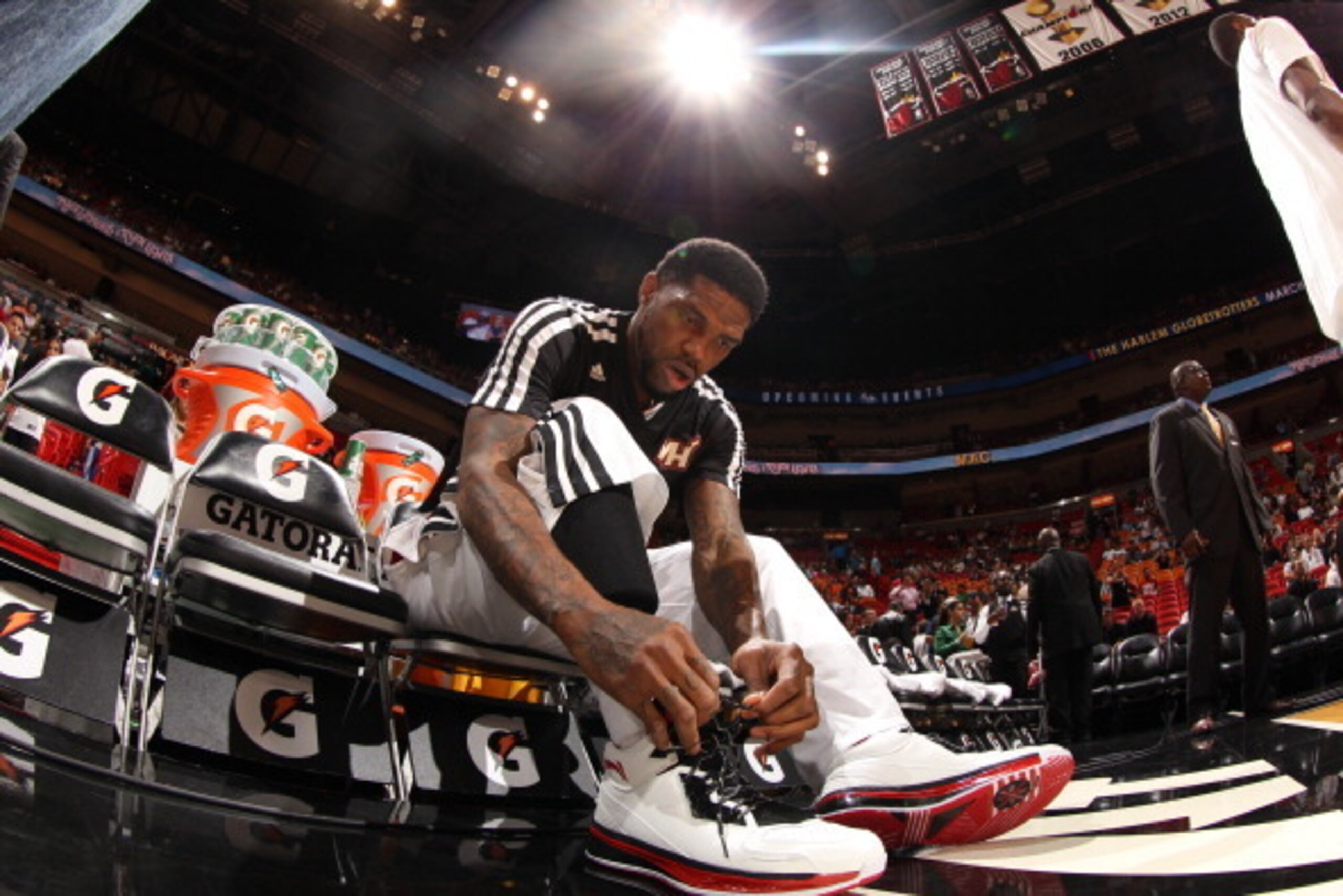 MIAMI, FL - NOVEMBER 19: Udonis Haslem #40 of the Miami Heat gets ready before the game against the Atlanta Hawks on November 19, 2013 at American Airlines Arena in Miami, Florida. NOTE TO USER: User expressly acknowledges and agrees that, by downloading 