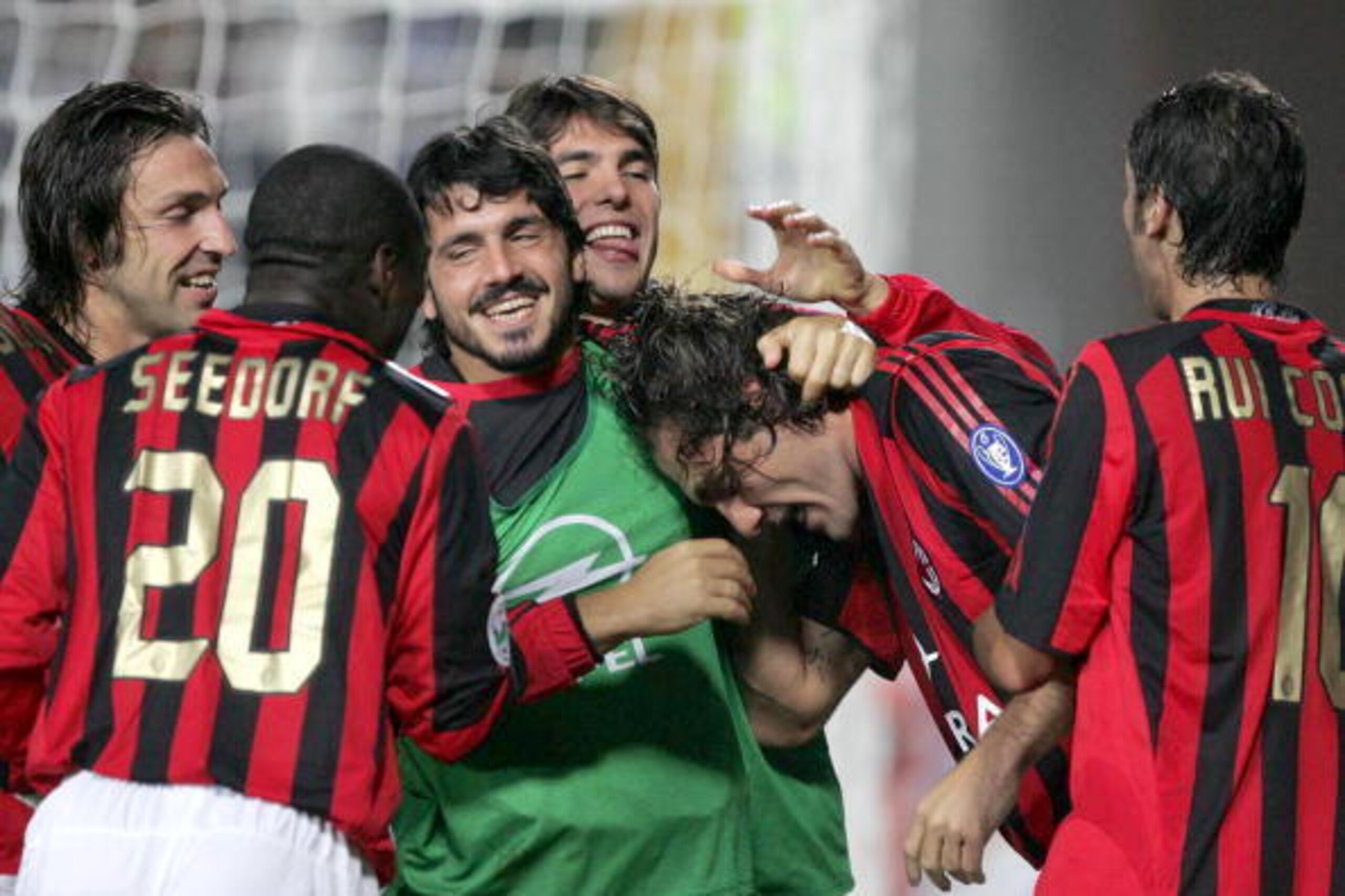 EMPOLI, ITALY - OCTOBER 26:  Christian Vieri #32, Clarence Seedorf #20, Andrea Pirlo #21, Ivan Guttuso #8, Busce Kaka #22 and Rui Costa  #10 celebrate a goal during the Serie A match between Empoli and AC Milan on October 26, 2005 at the Stadio Carlo Cast