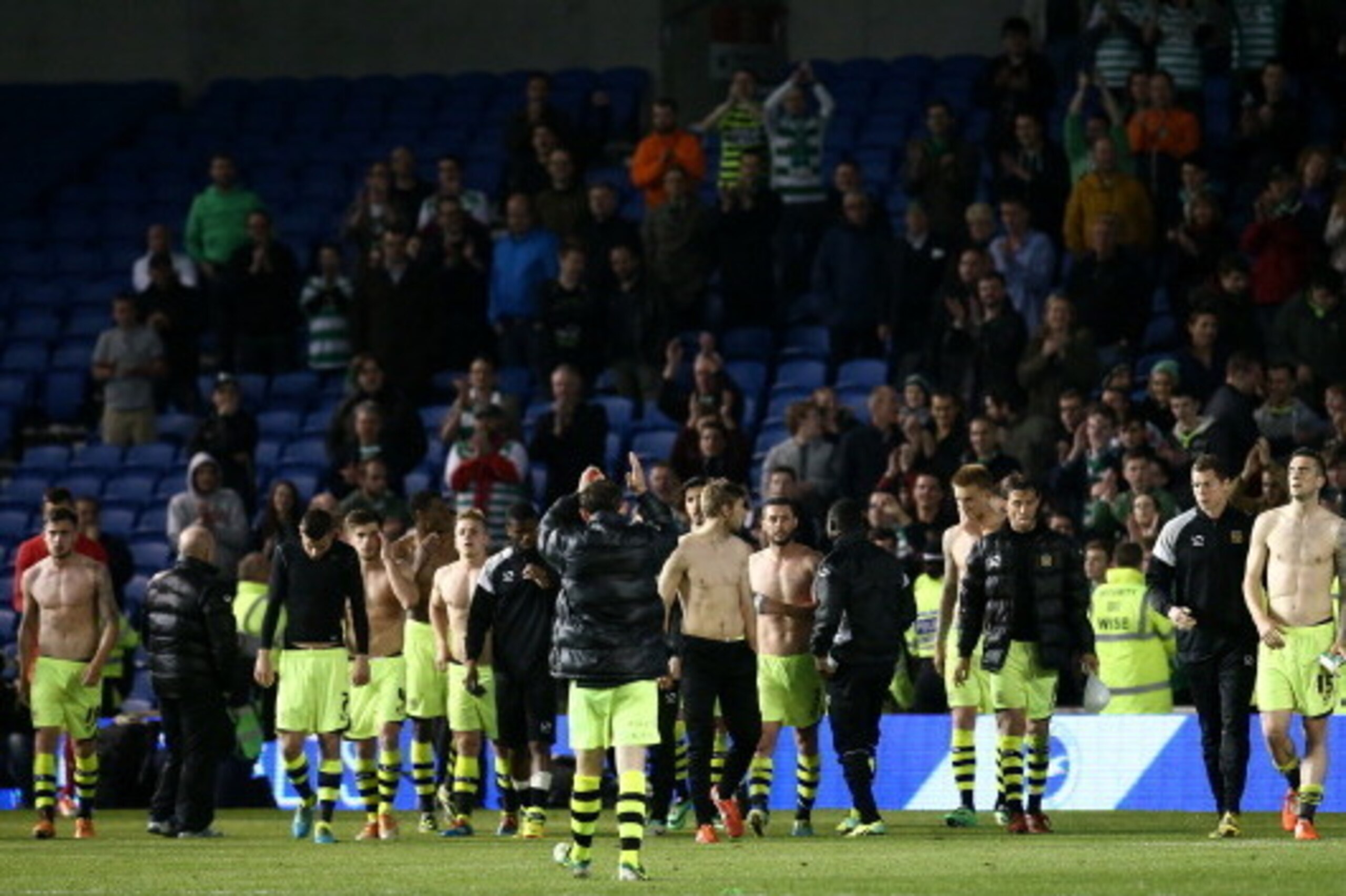 BRIGHTON, ENGLAND - APRIL 25: Yeovil players walk off the pitch dejected after being relegated to league one during the Sky Bet Championship match between Brighton & Hove Albion and Yeovil Town at The Amex Stadium on April 25, 2014 in Brighton, England. (