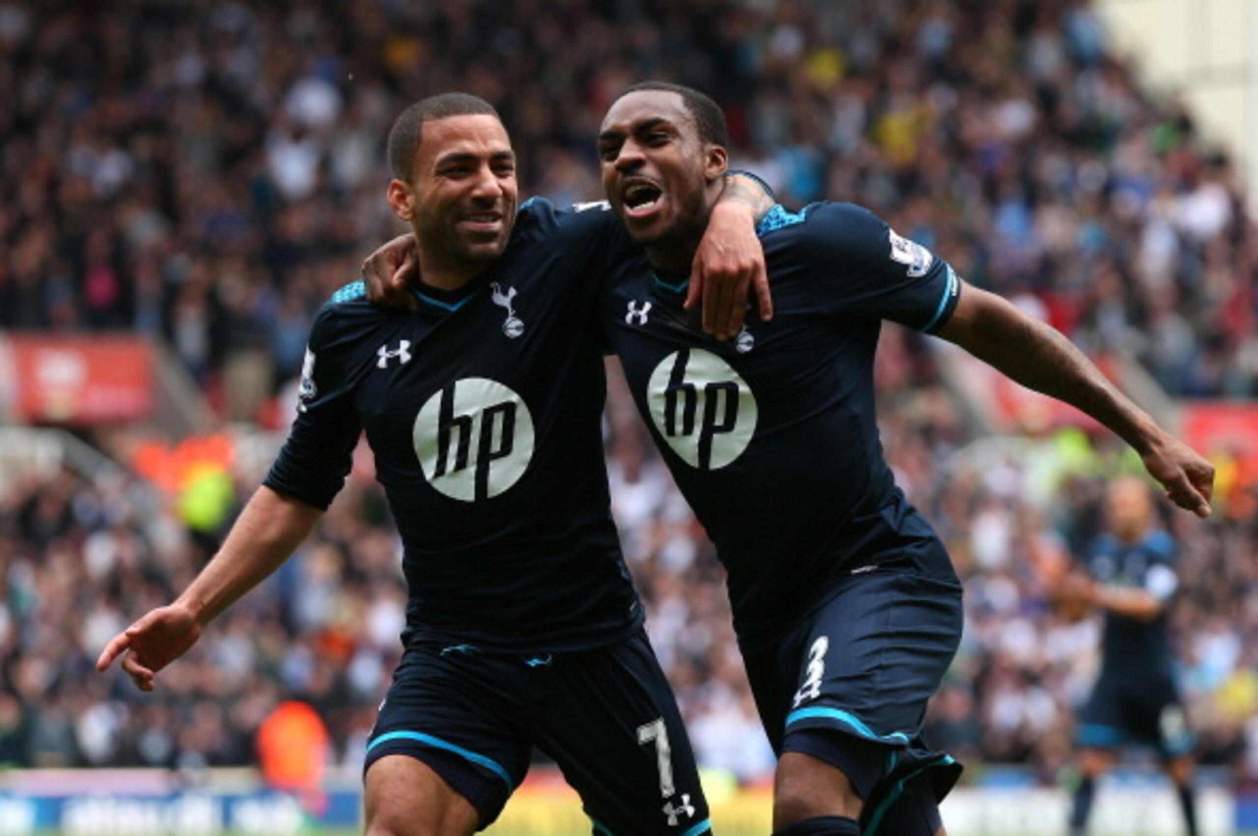 STOKE ON TRENT, ENGLAND - APRIL 26:  Danny Rose of Tottenham Hotspur celebrates with Aaron Lennon after scoring the opening goal during the Barclays Premier League match between Stoke City and Tottenham Hotspur at the Britannia Stadium on April 26, 2014 i