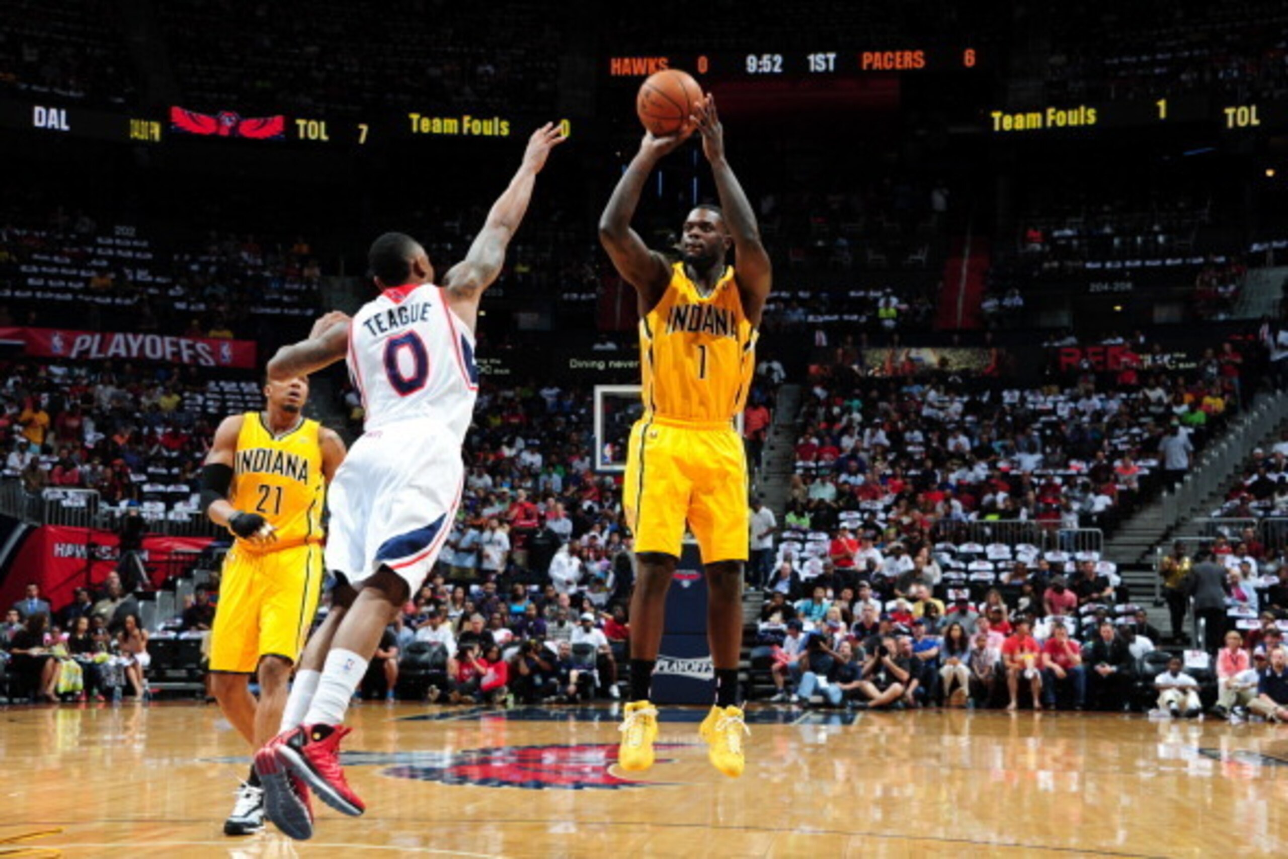 ATLANTA, GA - APRIL 26: Lance Stephenson #1 of the Indiana Pacers shoots the ball against the Atlanta Hawks during Game Four of the Eastern Conference Quarterfinals on April 26, 2014 at Philips Arena in Atlanta, Georgia.  NOTE TO USER: User expressly ackn
