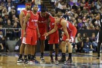 Nov 29, 2013; Sacramento, CA, USA; Los Angeles Clippers huddle between plays against the Sacramento Kings during the third quarter at Sleep Train Arena. The Los Angeles Clippers defeated the Sacramento Kings 104-98 in overtime. Mandatory Credit: Kelley L 
