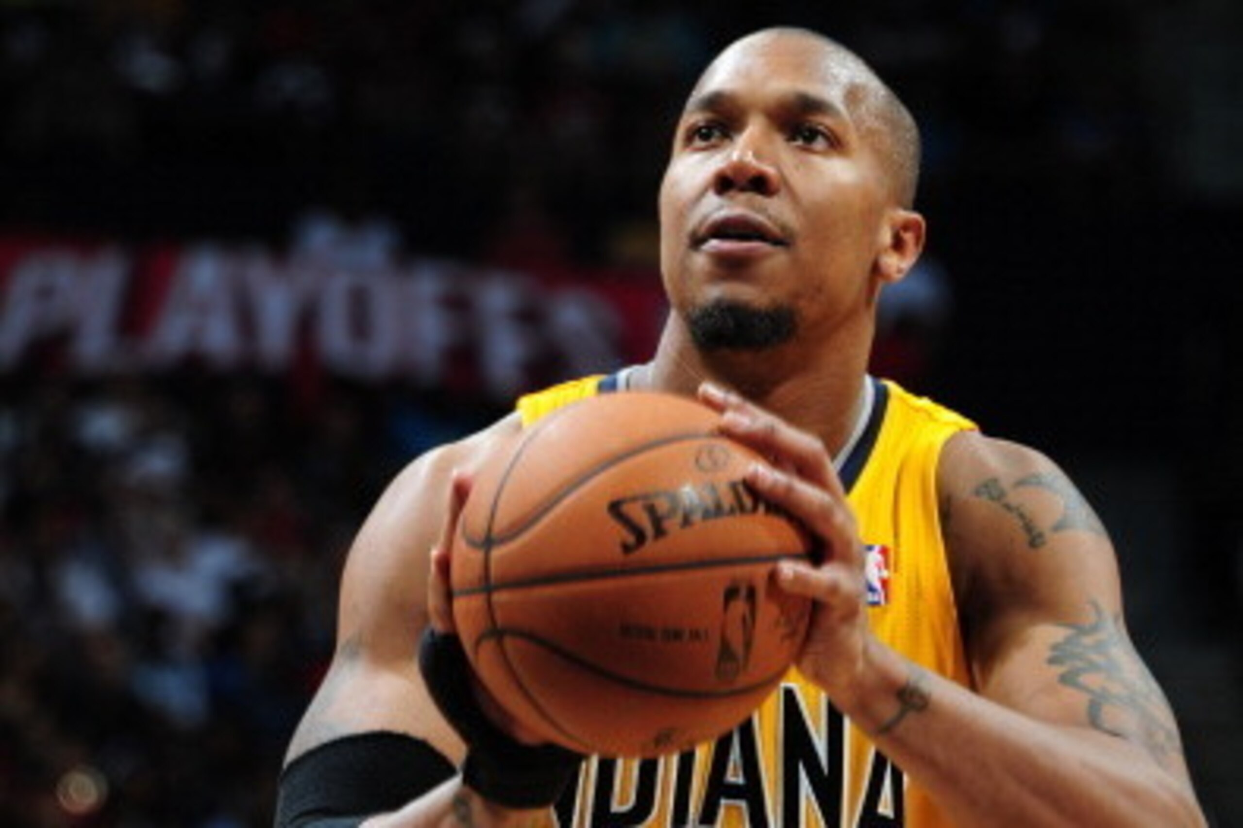 ATLANTA, GA - APRIL 26: David West #21 of the Indiana Pacers shoots the ball against the Atlanta Hawks during Game Four of the Eastern Conference Quarterfinals on April 26, 2014 at Philips Arena in Atlanta, Georgia.  NOTE TO USER: User expressly acknowled
