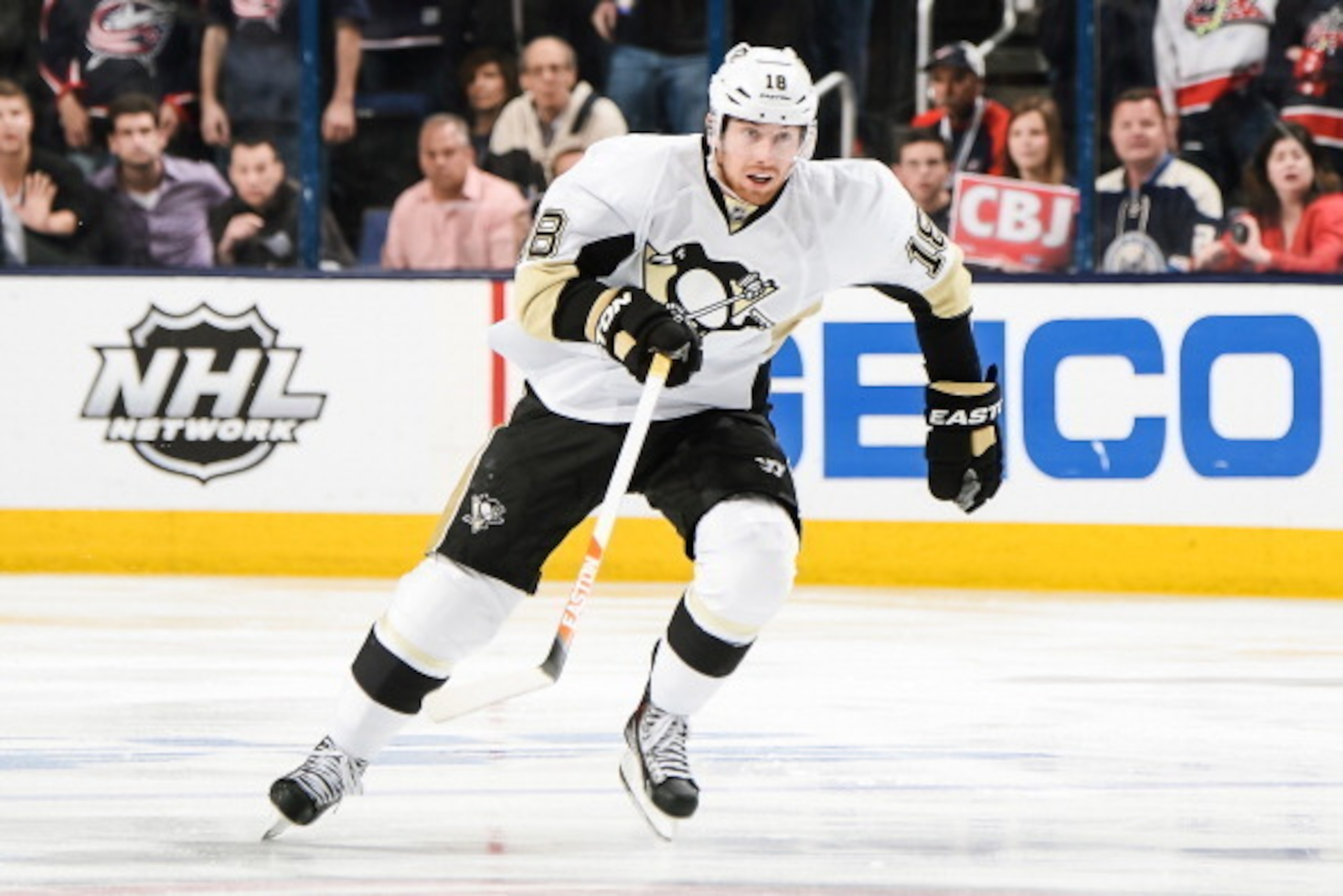 COLUMBUS, OH - APRIL 23:  James Neal #18 of the Pittsburgh Penguins skates with the puck against the Columbus Blue Jackets in Game Four of the First Round of the 2014 Stanley Cup Playoffs on April 23, 2014 at Nationwide Arena in Columbus, Ohio. Columbus d