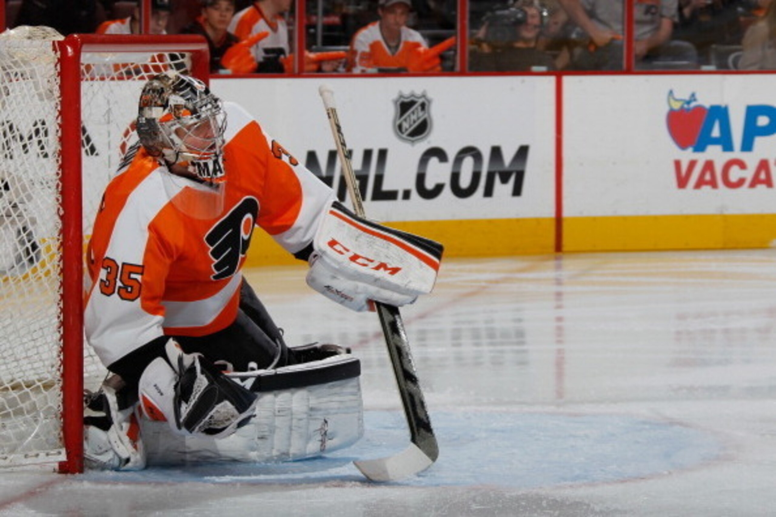 PHILADELPHIA, PA - APRIL 25:  Steve Mason #35 of the Philadelphia Flyers skates against the New York Rangers in Game Four of the First Round of the 2014 NHL Stanley Cup Playoffs at the Wells Fargo Center on April 25, 2014 in Philadelphia, Pennsylvania. Th