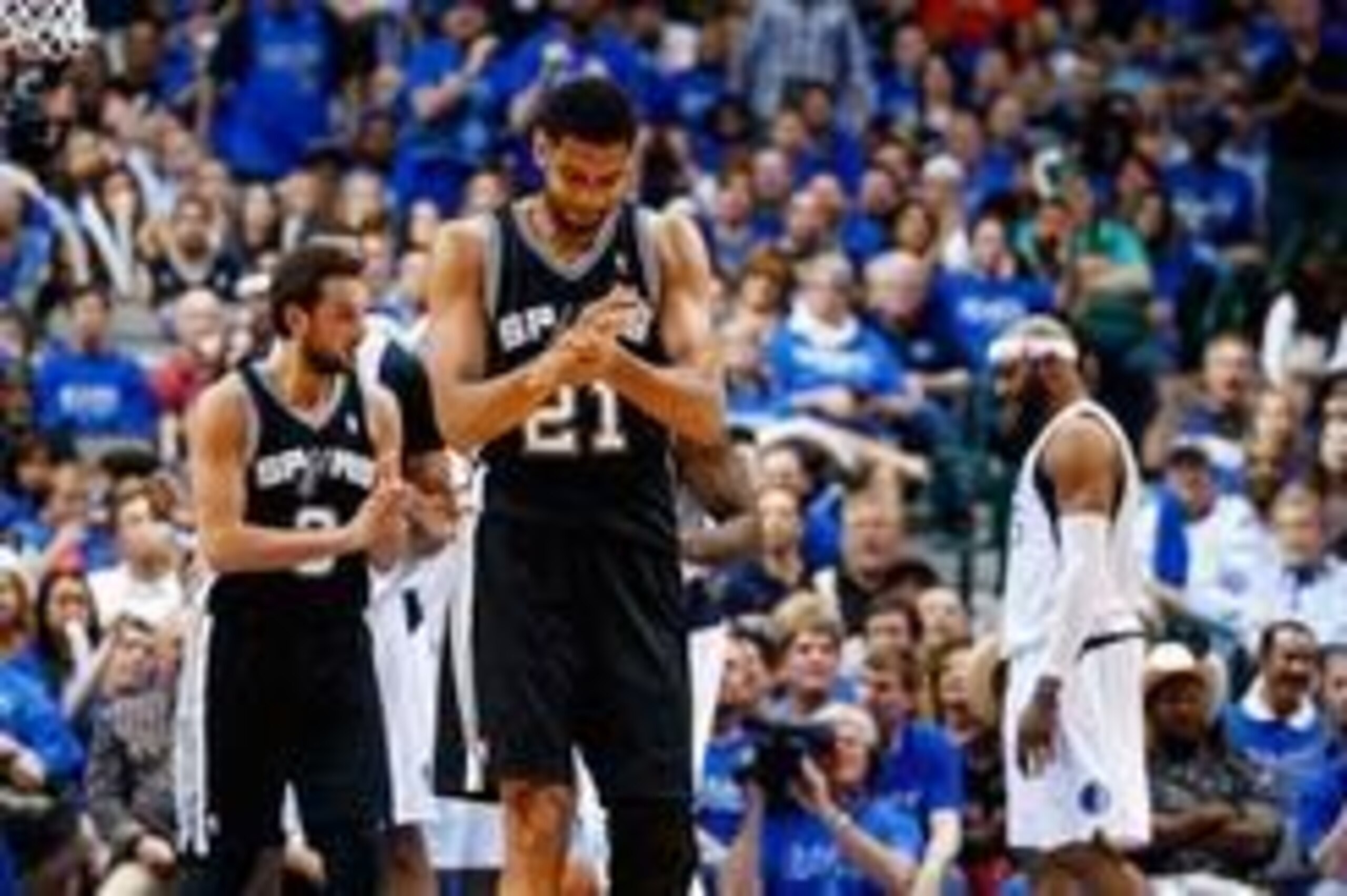 Apr 26, 2014; Dallas, TX, USA; San Antonio Spurs forward Tim Duncan (21) reacts during the game against the Dallas Mavericks in game three of the first round of the 2014 NBA Playoffs at American Airlines Center. Dallas won 109-108. Mandatory Credit: Kevin